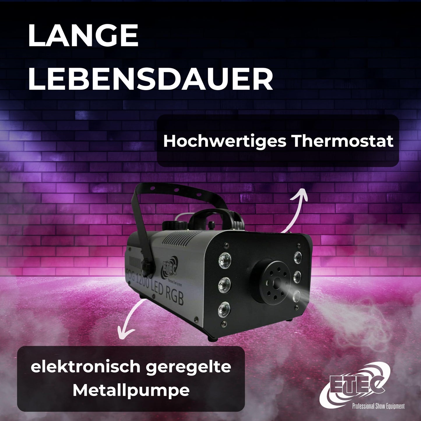 ETEC Professional FOG 1200 LED Nebelmaschine 6x3 Watt LED RGB 3in1 Fernbedienung Fogger Party Disco DJ Club Event Bühne Rauch Lichteffekt