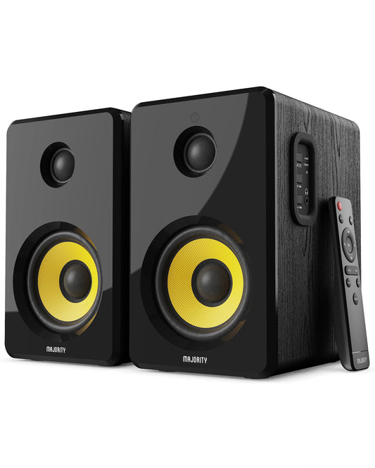 MAJORITY D40X Aktiv Regallautsprecher | 70W 2.0 Gelber Kevlar-Kegel Monitor Lautsprecher | Studio Monitor mit Bluetooth | Bookshelf HiFi Speakers mit Optische, RCA, USB AUX & Inklusive Fernbedienung