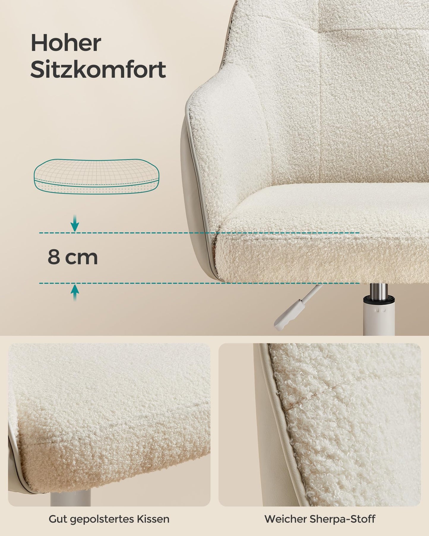 SONGMICS Homeoffice Stuhl, Drehstuhl, Schreibtischstuhl, höhenverstellbar, bis 110 kg belastbar, atmungsaktiver Sherpa-Stoff und PU, für Arbeitszimmer, Schlafzimmer, cappuccinobeige OBG019W01