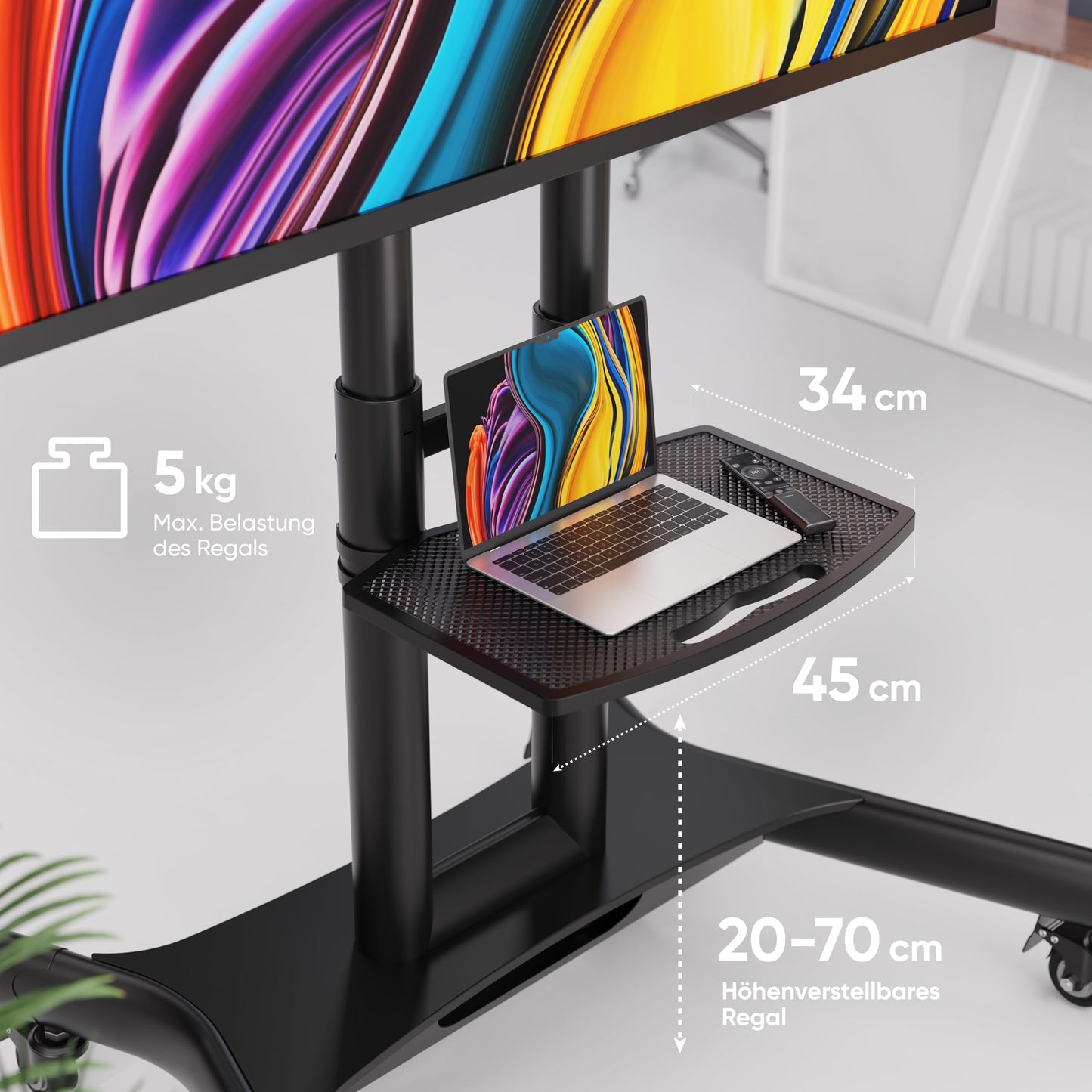 ONKRON TV Ständer rollbar für 40-70 Zoll TVs bis zu 45,5 kg - Fernsehständer höhenverstellbar max VESA 600x400, professioneller Fernseher Rollwagen/TV Wagen mit Rollen Schwarz TS1551-B