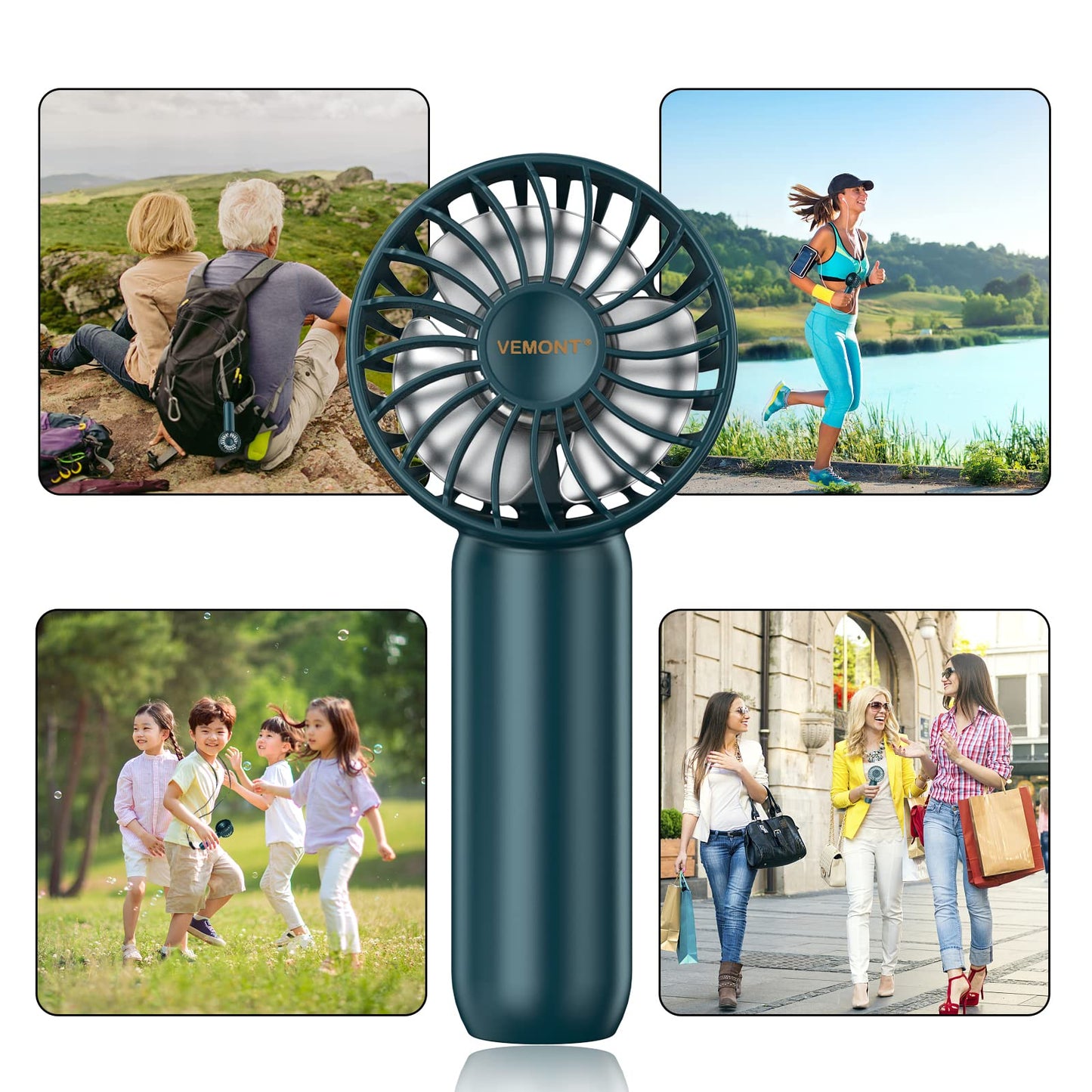 VEMONT Handventilator, Mini Ventilator mit 2500mAH Wiederaufladbarer Akku, Persönlicher Tragbarer Hand Ventilatoren Batteriebetrieben mit 3 Geschwindigkeiten, perfekt für Reisen im Freien