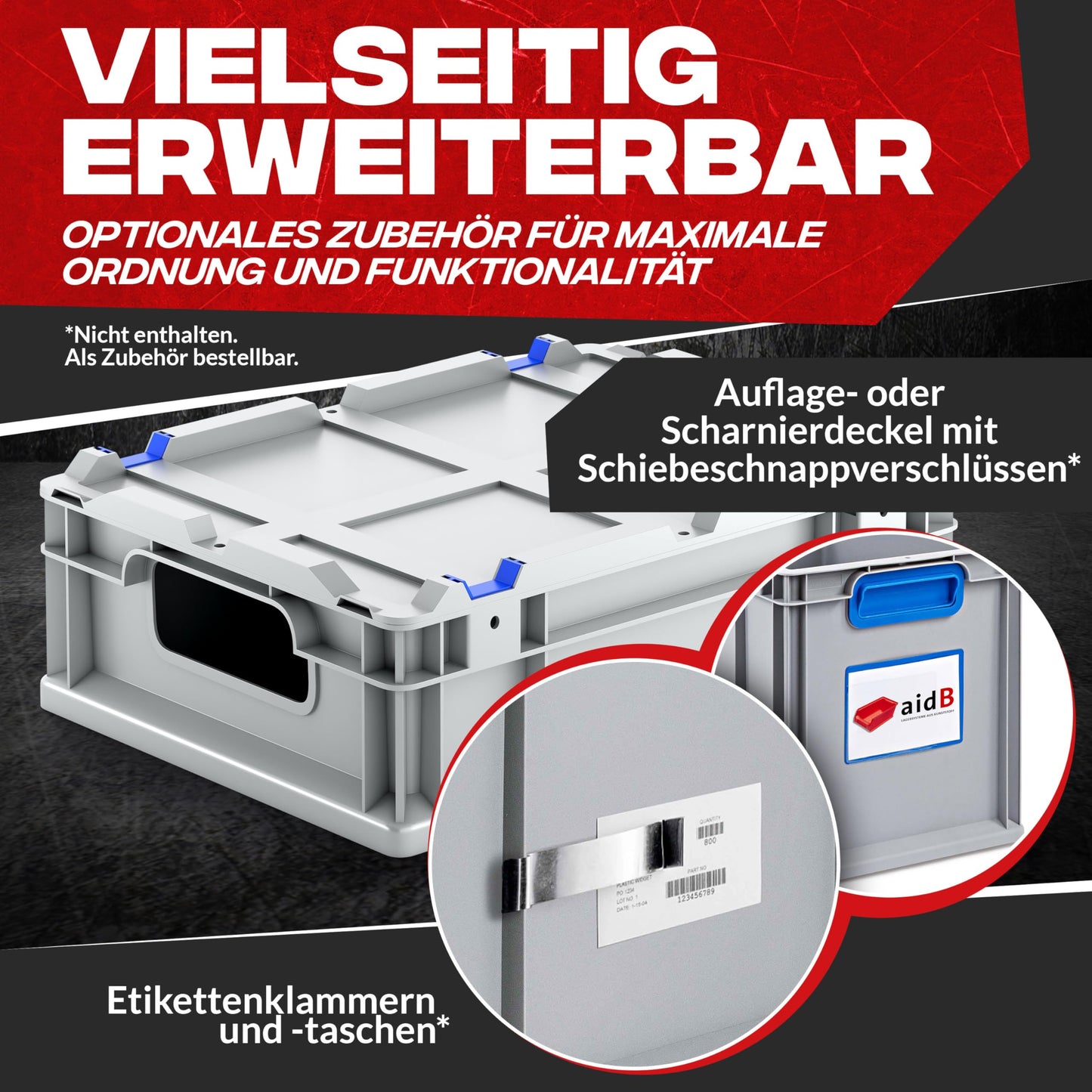 aidB Eurobox NextGen Economy 600x400x220mm – Robuste Aufbewahrungsbox 44L – Stapelbare Kunststoffbox mit offenen Griffen – Plastikbox für Lager, Transport & Aufbewahrung – Industriequalität - Grau