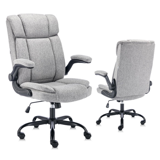 LIYURUI Bürostuhl Ergonomischer 150KG Belastbarkeit Chefsessel Stoff Flip-up Armlehnen/110° Schaukeln Chefsessel mit Hoher Rückenlehne und Breitem Sitz Schreibtischstuhl, Grau