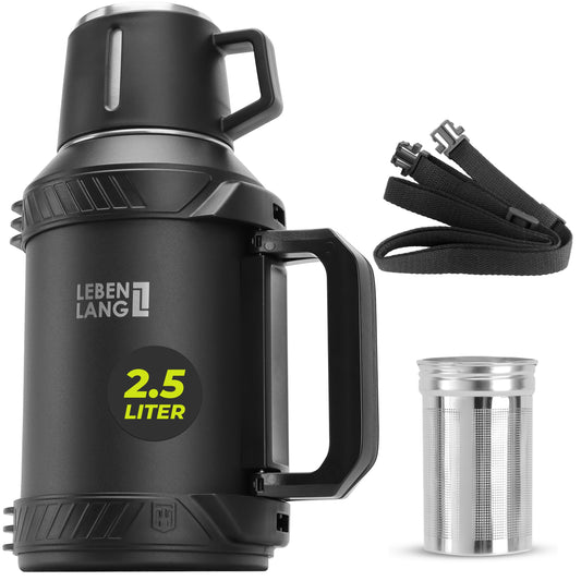 LEBENLANG Thermosflasche 2,5 Liter - 24h Heiß Inkl. Becher, Teesieb, Tragegurt I Trinkflasche Thermobecher 2 5 Liter Thermoskanne I Getränkeflasche Edelstahl Thermusteekanne Isolierflasche Thermo Cup