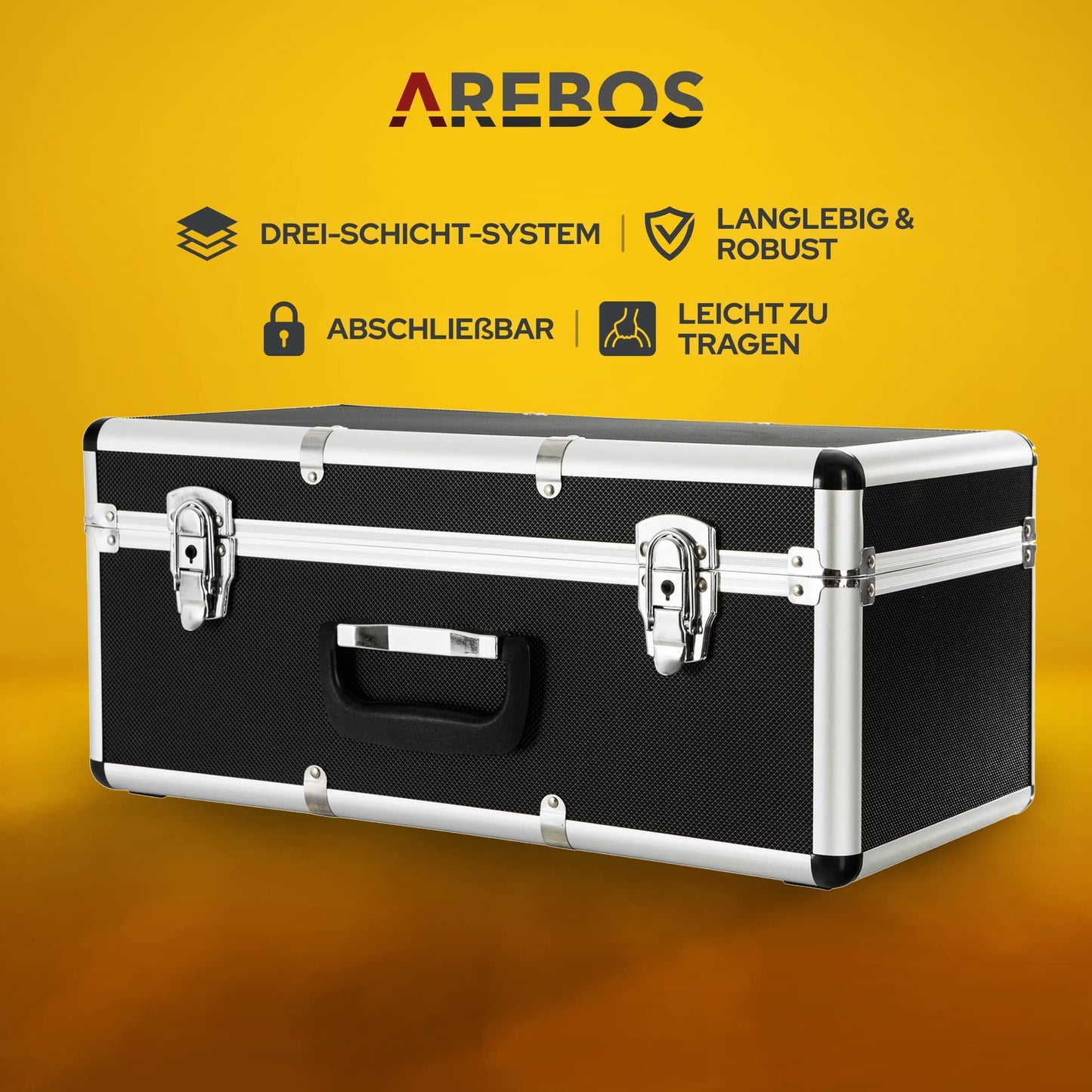 Arebos 3er Set Transportkoffer | Aluminium | 200 L Gesamtvolumen | abschließbar | inkl. Tragegriffe | Wasserdicht | Transportboxen | tragbarer Transportkoffer