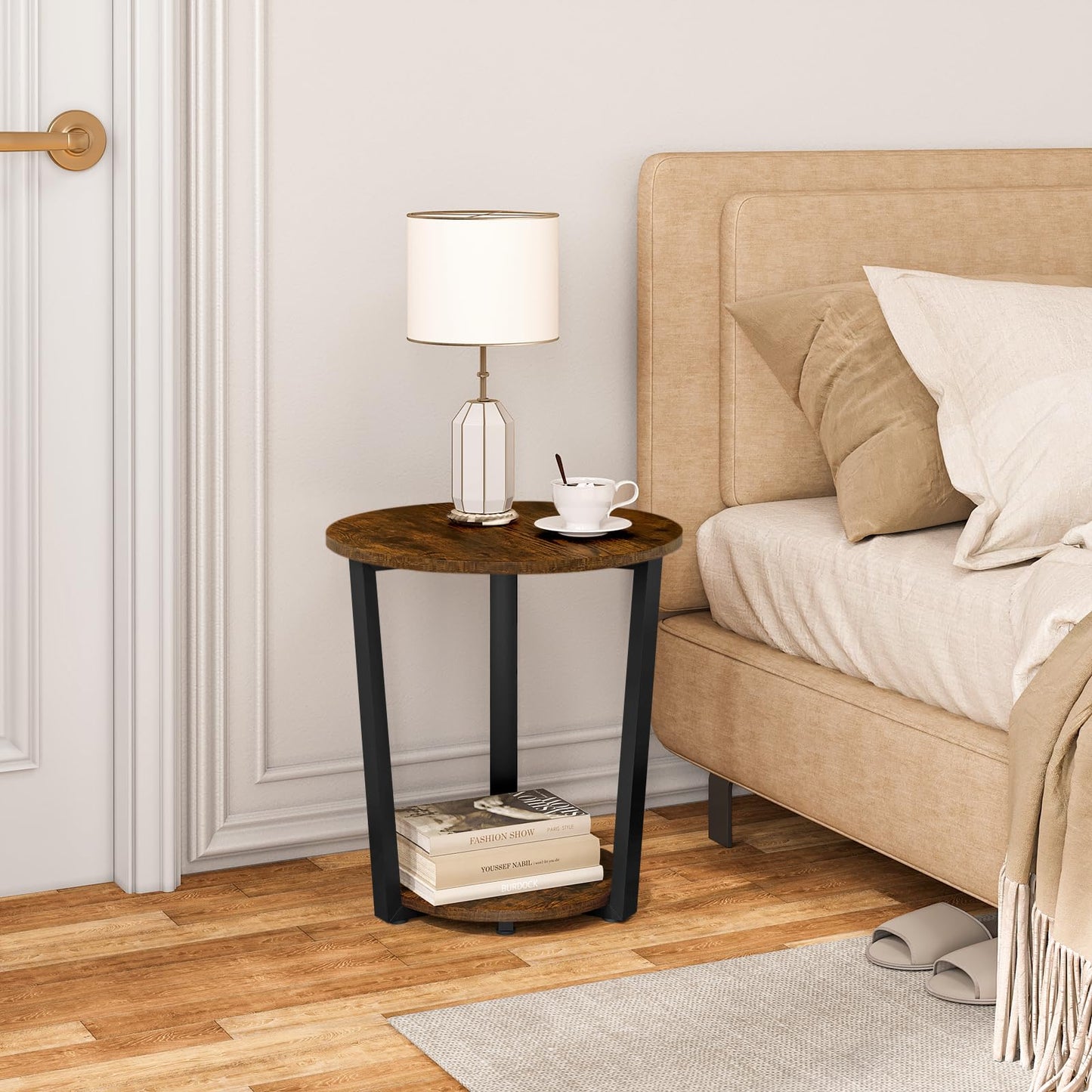 WOLTU Couchtisch rund, Beistelltisch modern, Wohnzimmertisch klein, Sofatisch mit 2 Ablagen, Wohnzimmer Tisch für Couch, Nachttisch, mit Stauraum, aus Holzwerkstoff, Rustikales Braun, BTS13vbn