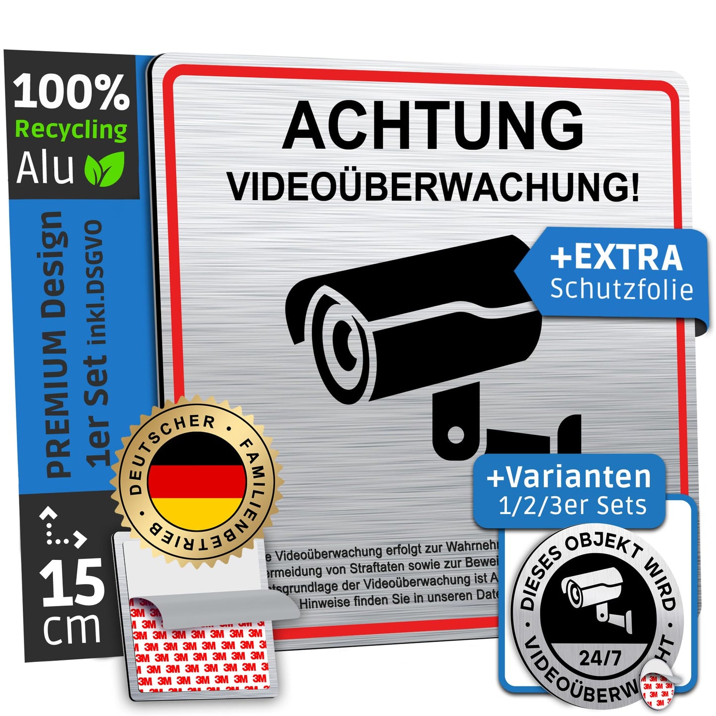 SCHILDERBOXX® Schild Videoüberwachung DSGVO [15x15cm, 100% Alu, 3M Tape] - Aufkleber Videoüberwacht Privatgrundstück, Kameraüberwachung Grundstück Video Überwacht, Achtung Kamera Überwachung