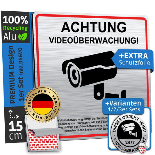 SCHILDERBOXX® Schild Videoüberwachung DSGVO [15x15cm, 100% Alu, 3M Tape] - Aufkleber Videoüberwacht Privatgrundstück, Kameraüberwachung Grundstück Video Überwacht, Achtung Kamera Überwachung