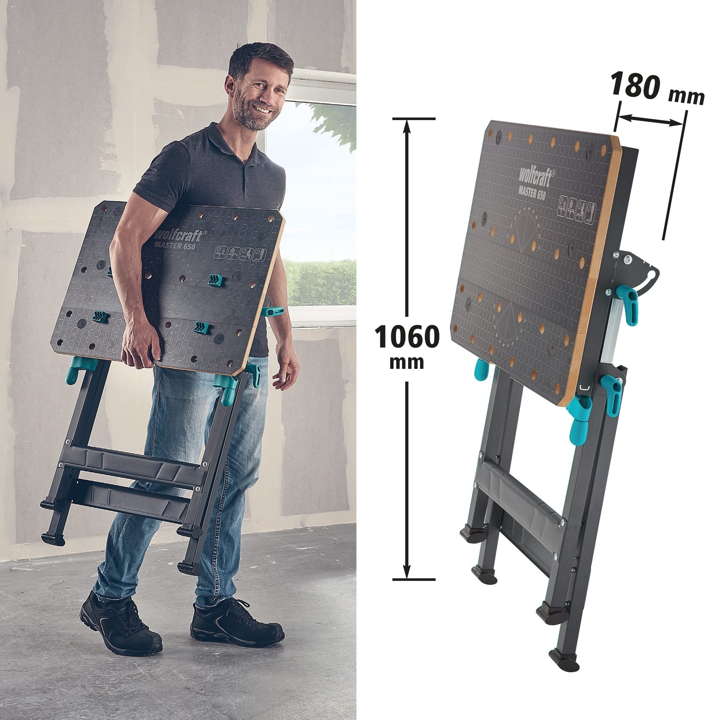 wolfcraft Spann- und Arbeitstisch Master 650 Ergo - 6870000 - stufenlos höhenverstellbar - zusätzliches Einlegebrett zum Erweitern der Arbeitsfläche - mobil einsetzbar - Made in Europe