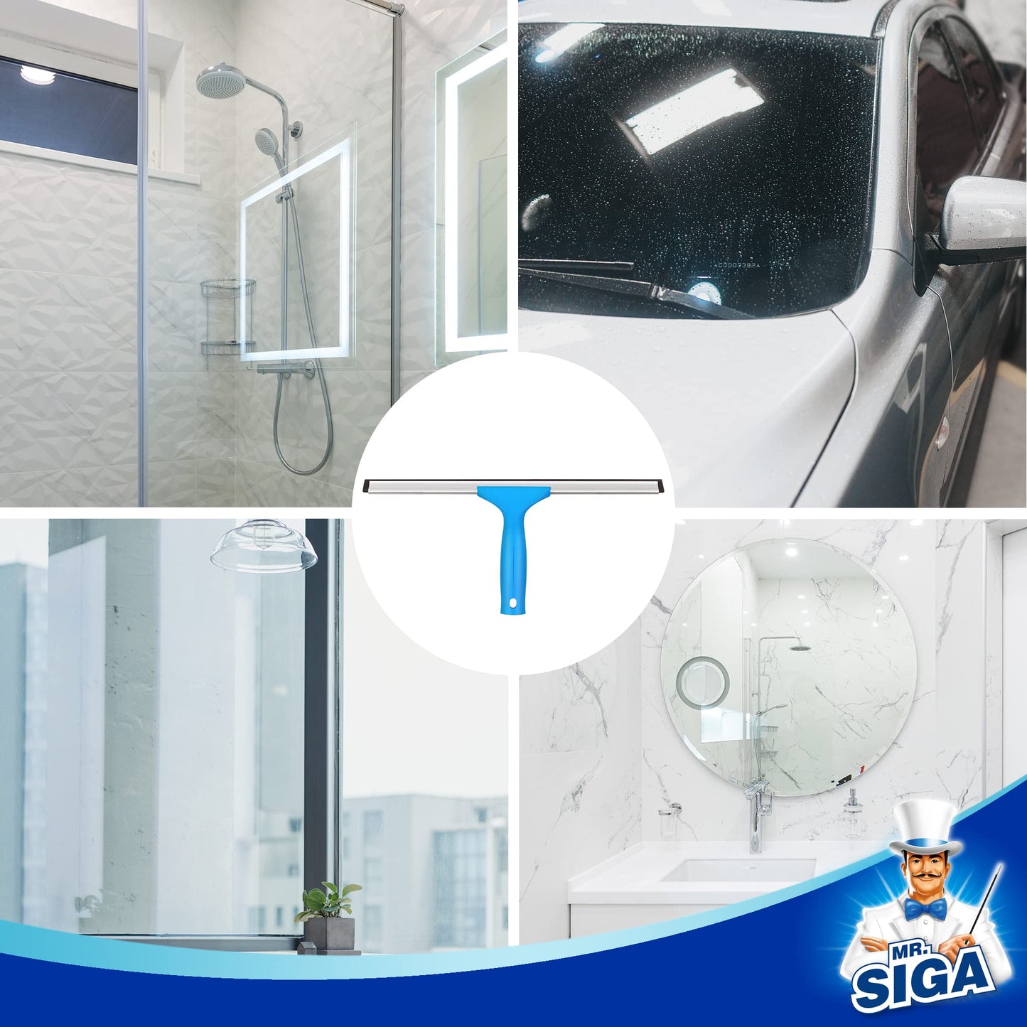 MR.SIGA Fensterwischer und Fensterabzieher als Kombi-Set, 2 in 1 professionelles Fensterreinigungsset, Glaswischer für dusche und Glas