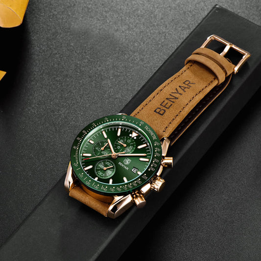 BY BENYAR Herren Business Analoger Chronograph Quarzuhr 30M Wasserdicht Leuchtende Datumsanzeige Modische Freizeituhr Sport Multifunktions Lederuhr.（Gold Grün）