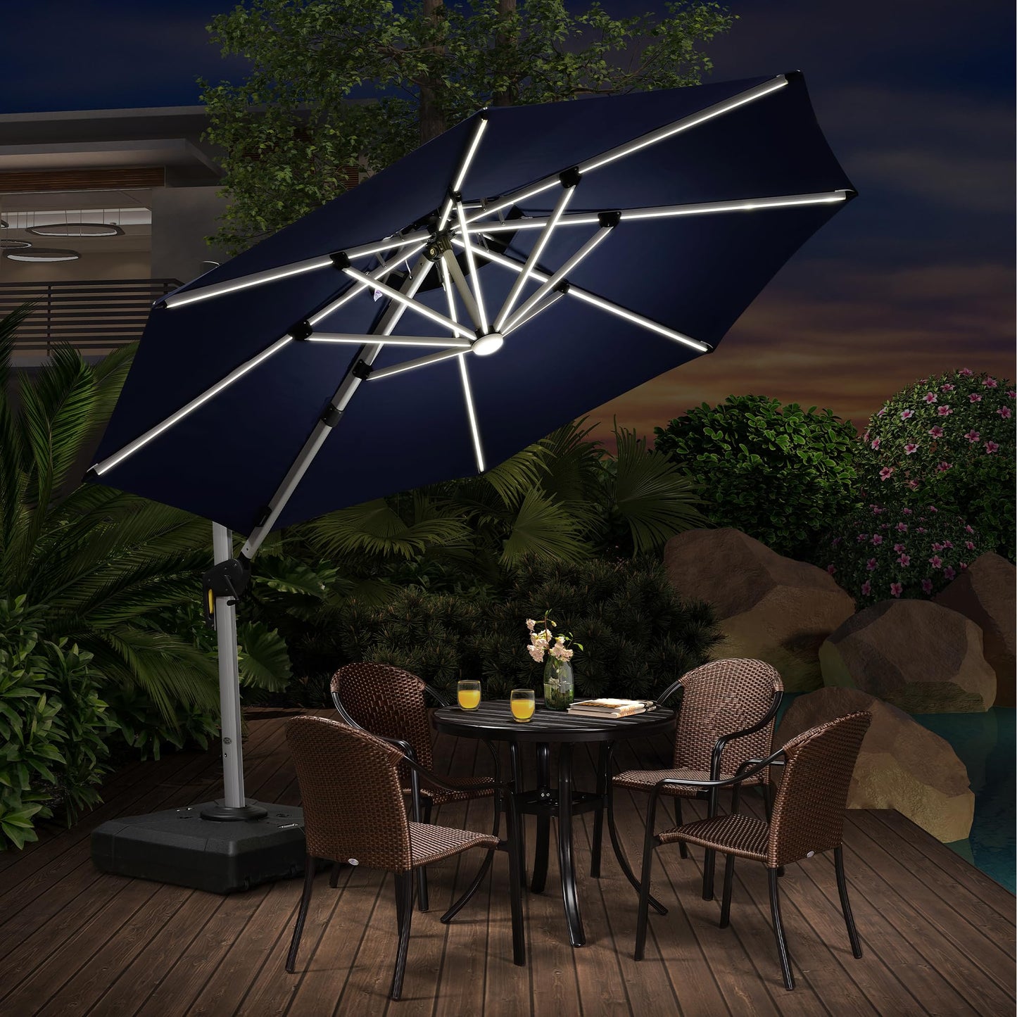 PURPLE LEAF Sonnenschirm Ø 330 cm mit Led Solar Beleuchtung Ampelschirm Marktschirm Gartenschirm Kurbelschirm Terrassenschirm mit Kurbel, 360° Rotation, Sonnenschutz UV50+, Marineblau