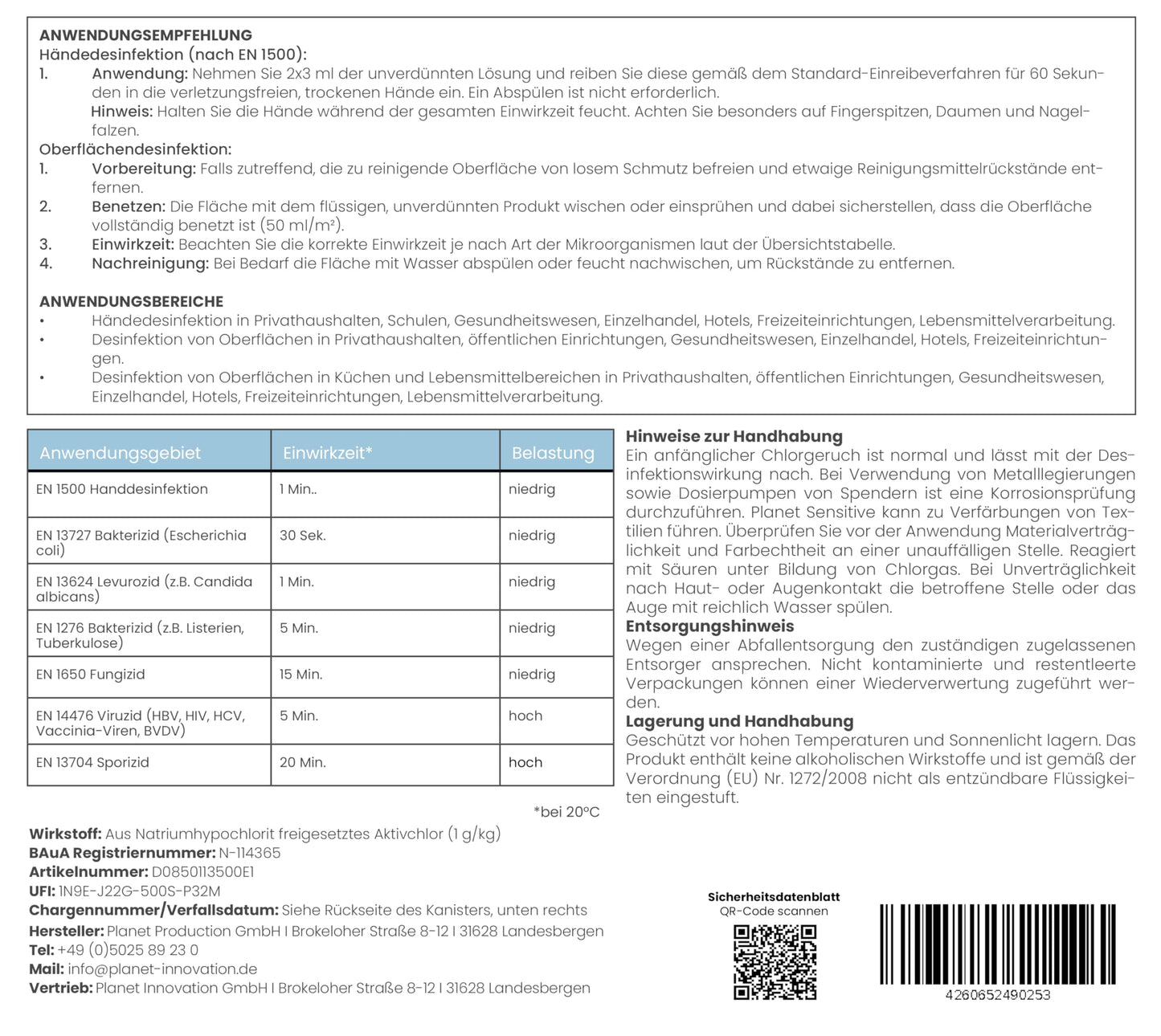 Planet Sensitive® - 5L alkoholfreies Desinfektionsmittel für Hände, Flächen & Haut - Gegen Bakterien, Viren, Sporen, Pilze, Hefen, Schimmel und Gerüche | Kanister (Halal & Koscher)