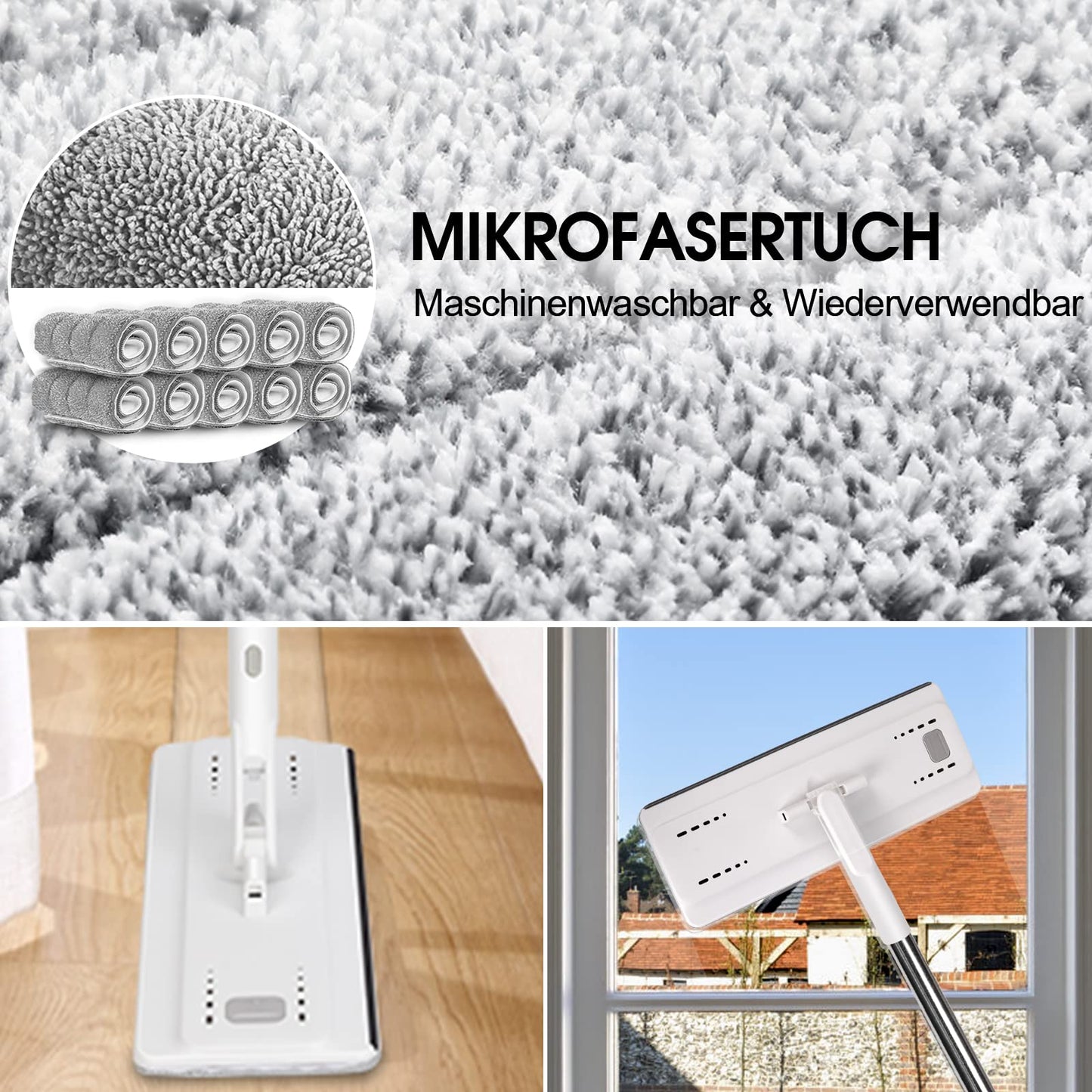 Wischmopp Set mit Eimer, MASTERTOP Bodenwischer Set mit Verstellbarer Griff und 10 Mikrofaser Wischpads, 2 in 1 Putzeimer and Wischmopp Set, Wischer mit Auswringfunktion für All Boden-Weiß