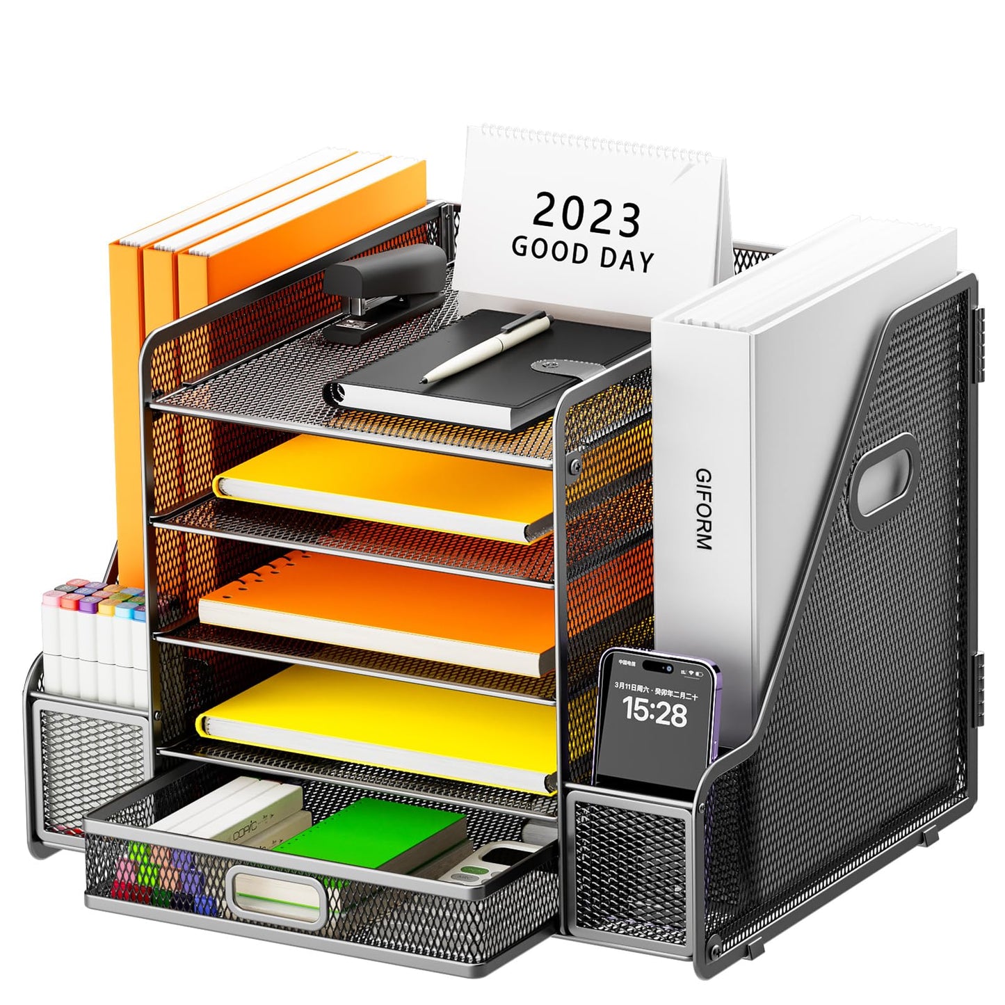 Restorgan Schreibtisch Organizer mit Aktenhalter, 5-stufiger Papier Organizer mit Schublade, Mesh Schreibtisch Akten Organizer mit Zeitschriftenhalter für Büro Organizer Schreibtisch (schwarz)