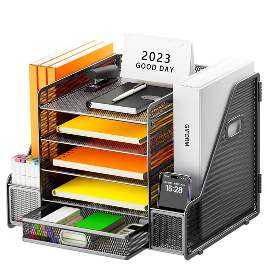 Restorgan Schreibtisch Organizer mit Aktenhalter, 5-stufiger Papier Organizer mit Schublade, Mesh Schreibtisch Akten Organizer mit Zeitschriftenhalter für Büro Organizer Schreibtisch (schwarz)
