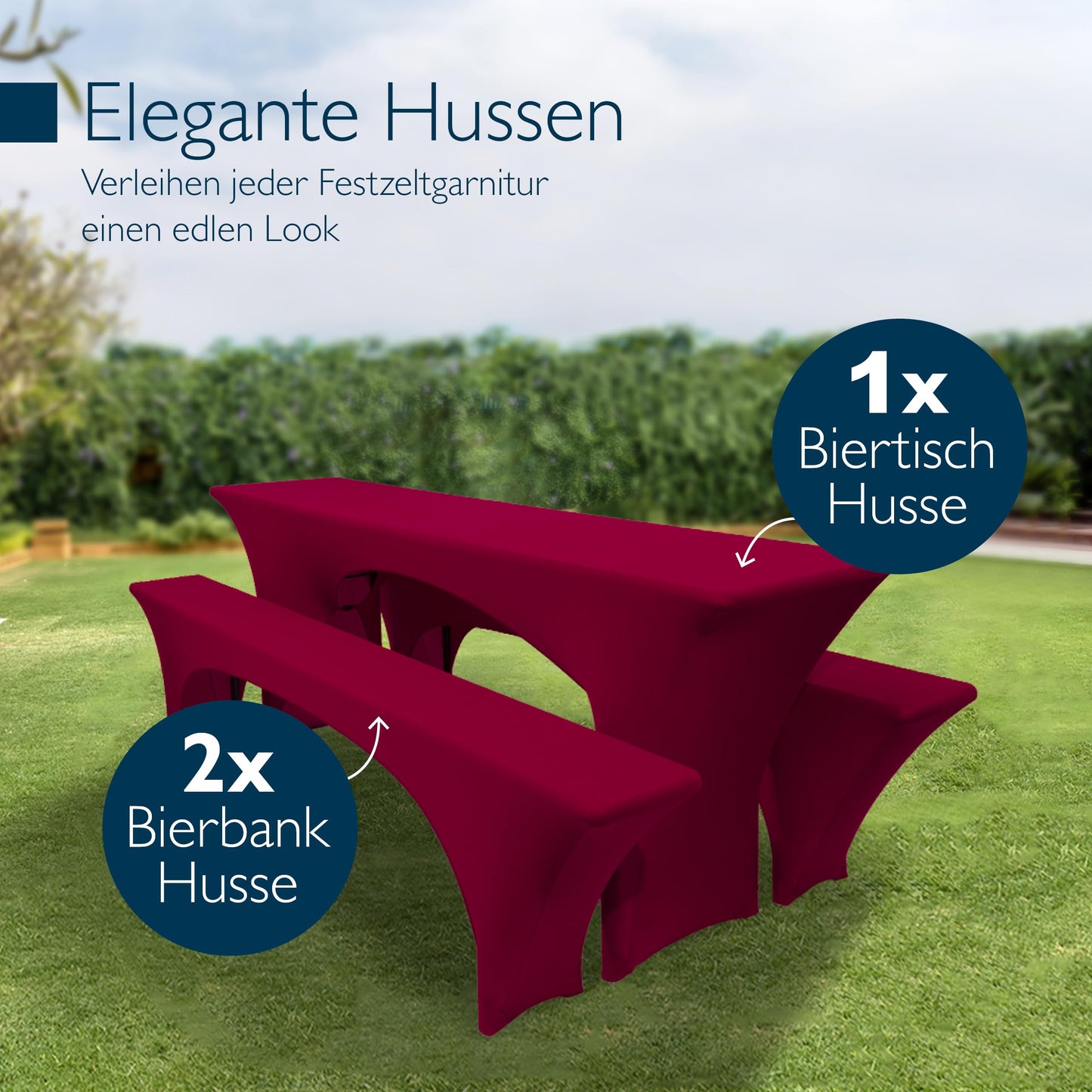 Beautissu Edles Strechhussen Set 3tlg. Victoria - Elastische Hussen für Bierzeltgarnitur 220x70 cm – Festliche Husse Biertisch + 2 Bierbank - Bierzeltgarnitur Hussen in Rot Bordeaux