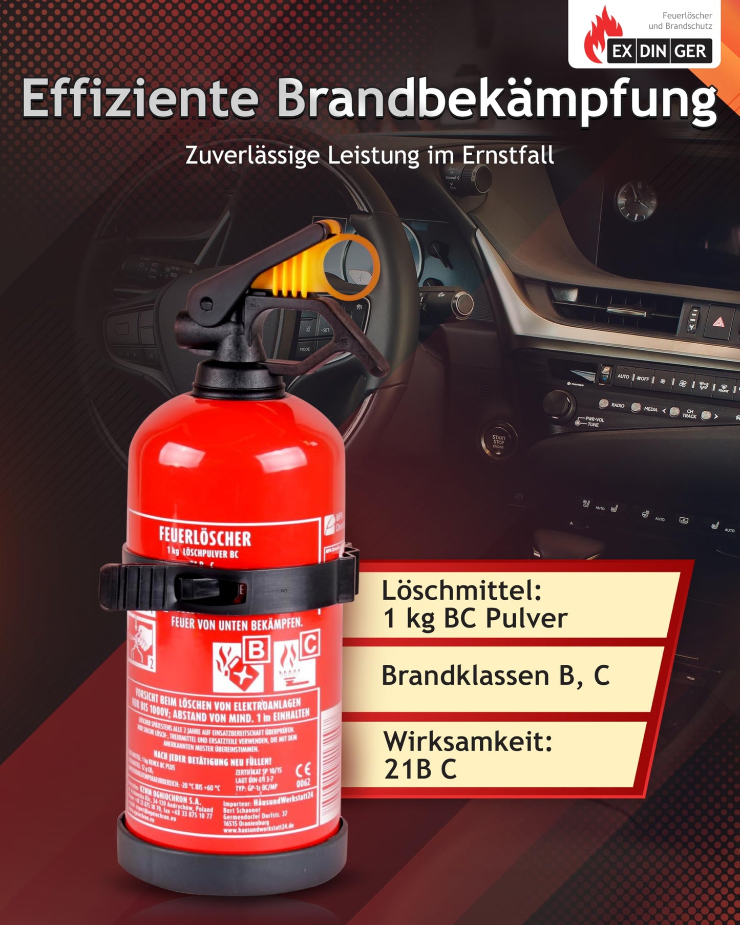 EXDINGER BC-Pulver-Autofeuerlöscher 1kg (Aufladelöscher GP-1Z BC Halterung Sicherungskeil Instandhaltungsnachweis)