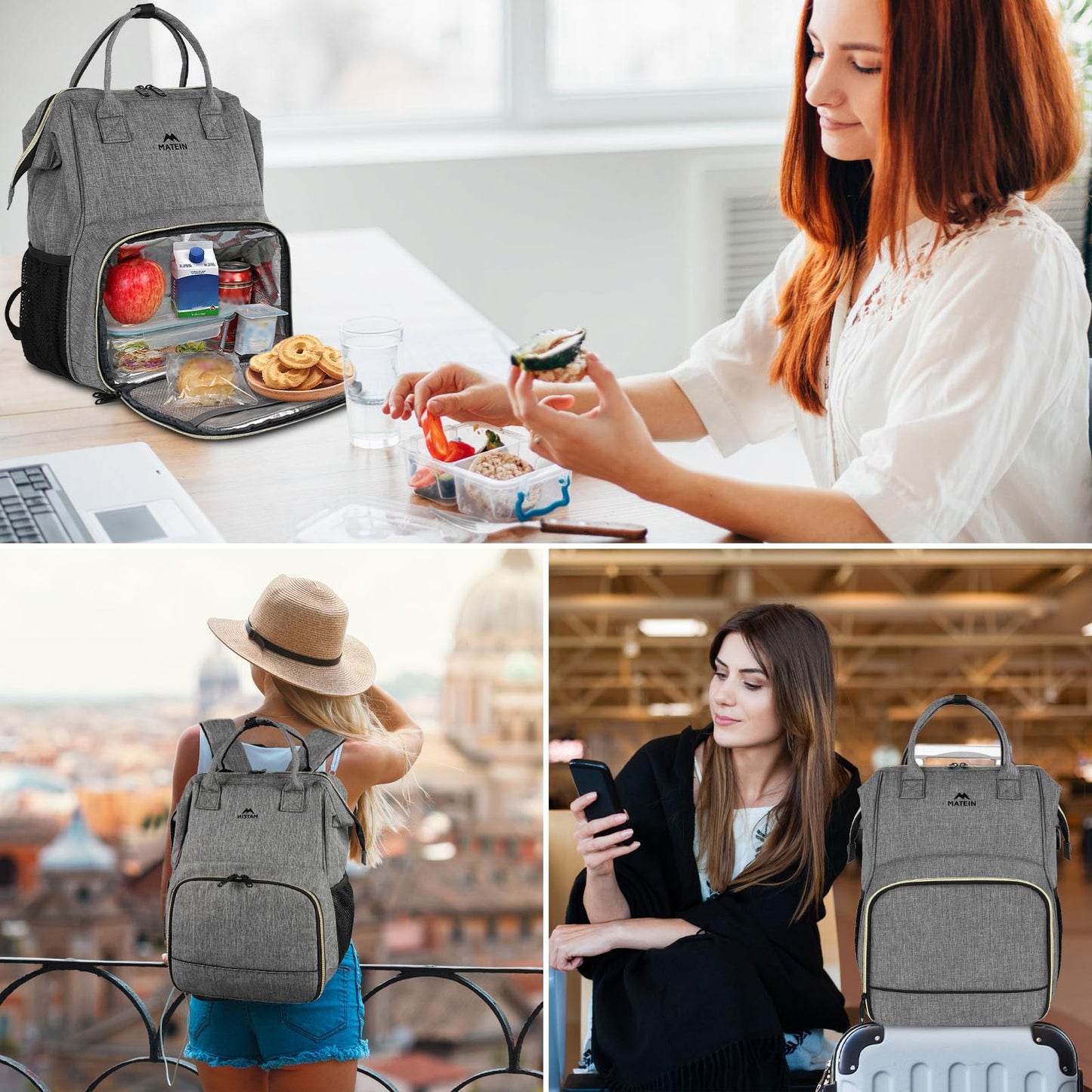 MATEIN Damen Laptop Rucksack 15,6 Zoll mit Isoliertes Kühlfach, Kühlrucksack mit USB Ladeanschluss, Wasserdicht Kühltasche Lunch Tasche für Frauen Herren Arbeit Business, Grau