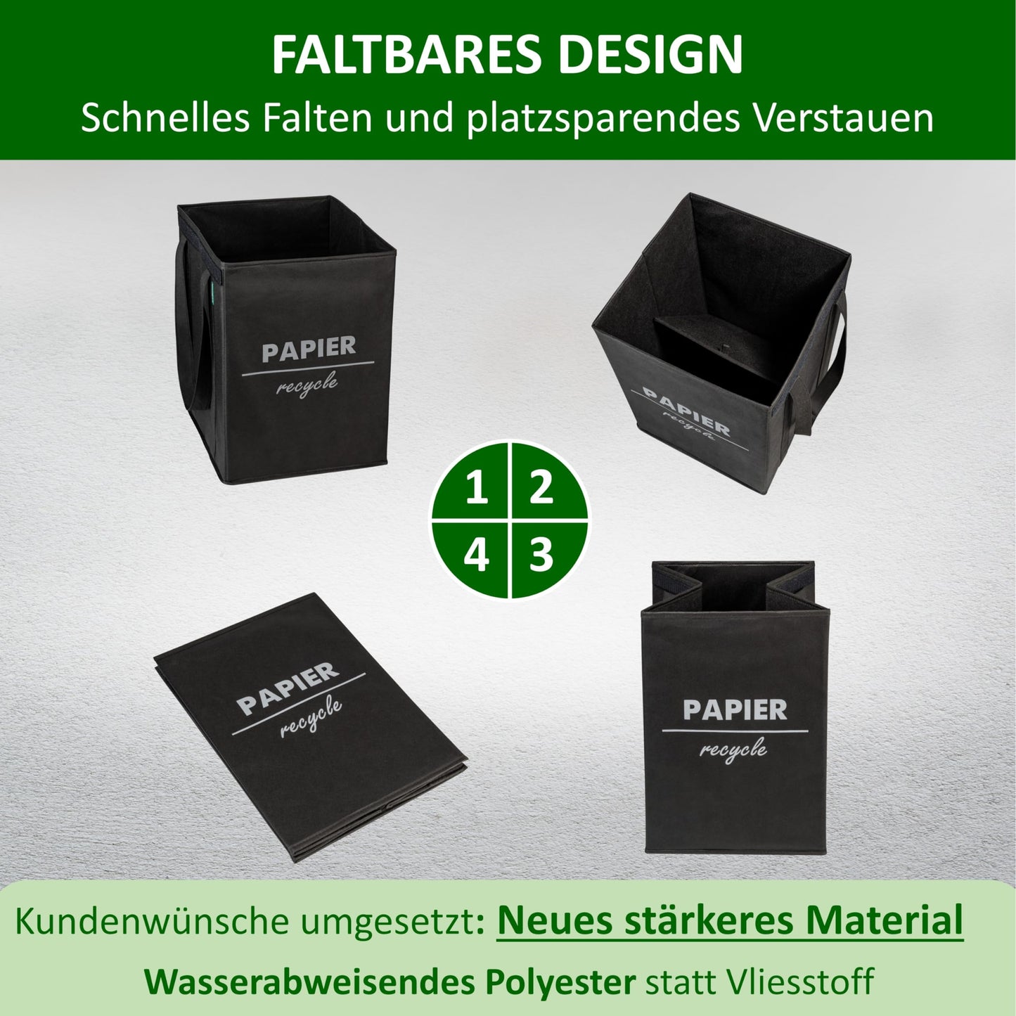 COTTARA® Mülltrennsystem 3fach faltbar mit 5fach Stabilisierung| Recycling Behälter aus robustem Material | Perfekt als Mülltrenner, Pfandflaschen Aufbewahrung, Recycling-System | Schwarz