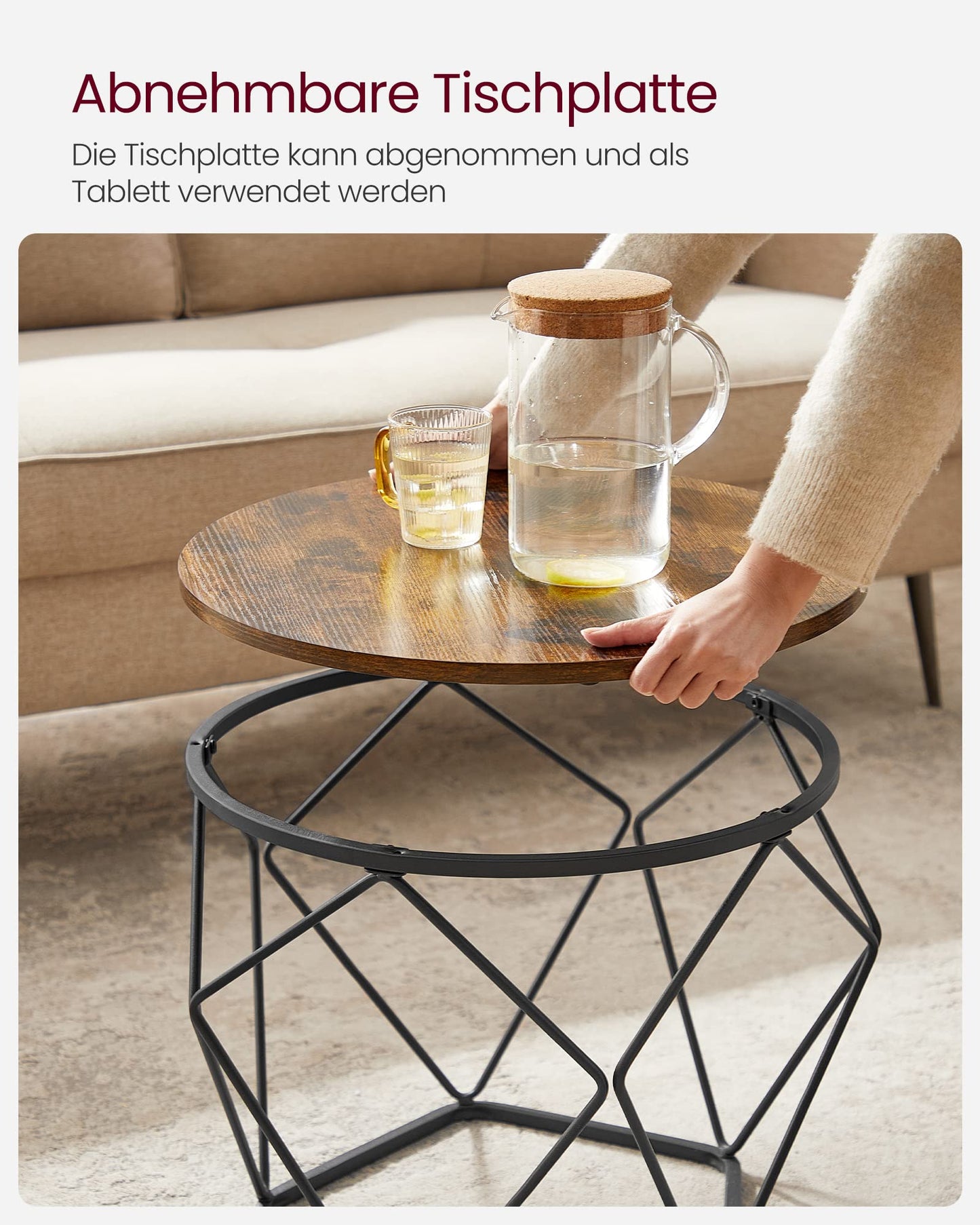 VASAGLE 2er-Set Runder Couchtisch, Vintage Braun/Tinten Schwarz, Beistelltisch mit Abnehmbarer Platte, Industrie-Vintage für Wohnzimmer