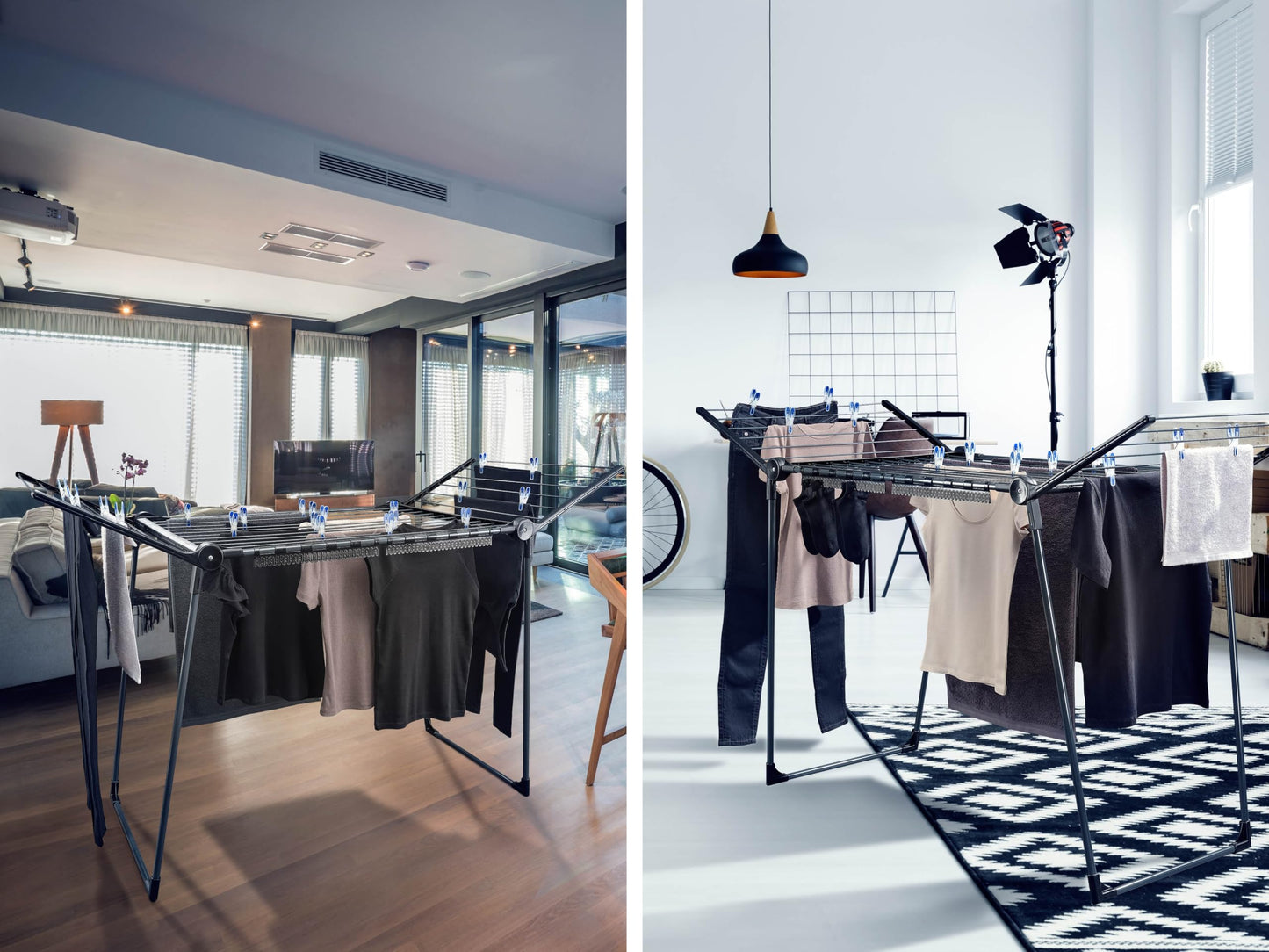 Leifheit Wäscheständer Pegasus 180 Solid Black, schwarzer Standtrockner mit Flügeln für lange Kleidungsstücke, standfester Wäschetrockner Ständer für drinnen und draußen, Wäschereck in modernem Design