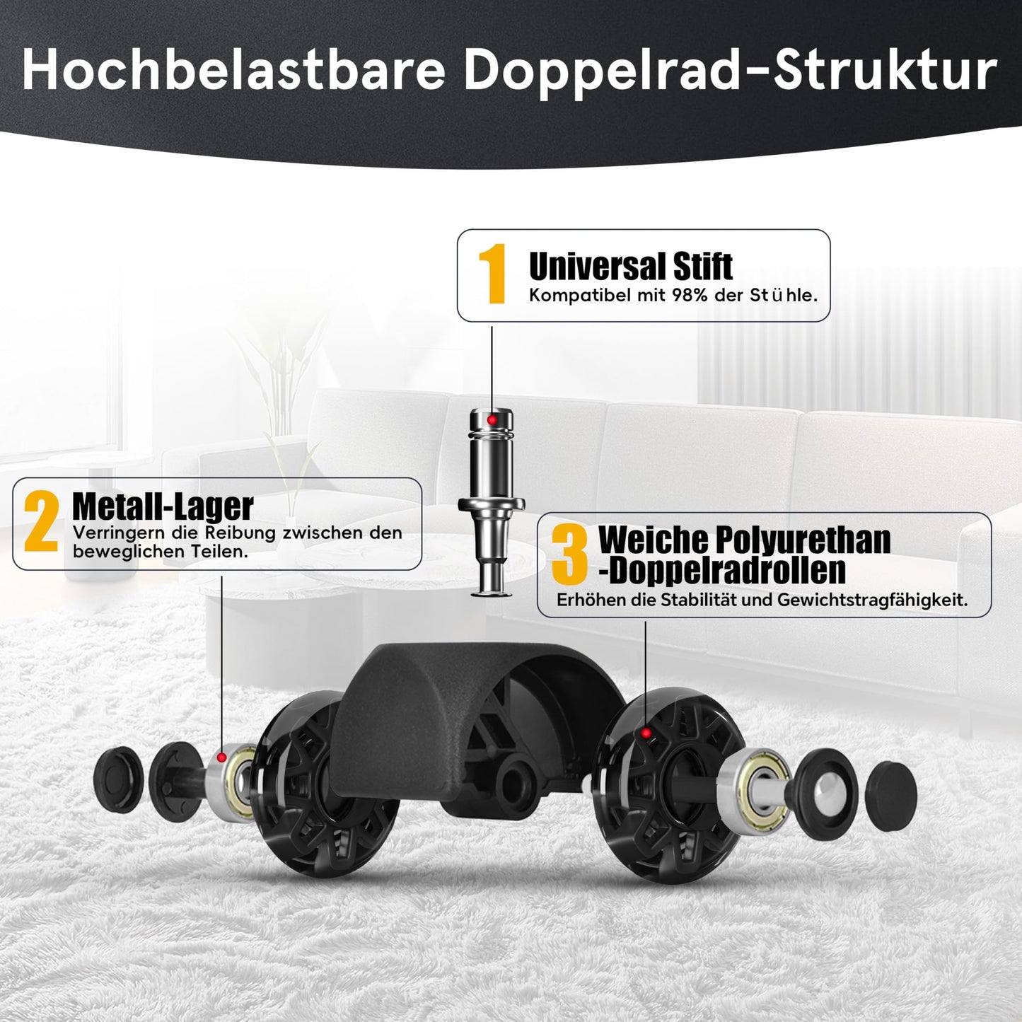 Mastery Mart Bürostuhlrollen 5er Set, 60 mm Hartbodenrollen mit Polyurethan, Schwarz, für Parkett und Laminat