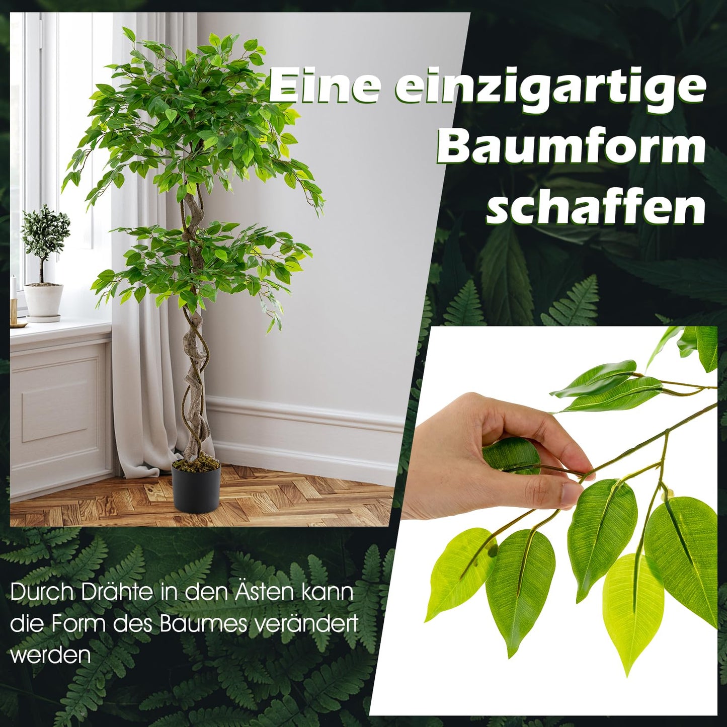 COSTWAY 150 cm Kunstpflanze grün, Künstliche Pflanze Ficus Benjamin, Dekopflanze mit natürlichem Holzstamm & Blättern, Zimmerpflanze Deko, Kunstbaum Innendekoration, für Zuhause Garten Büro
