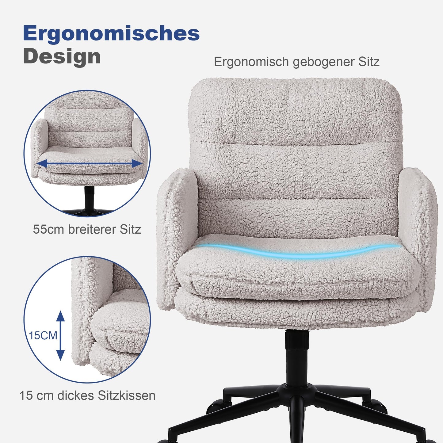 Youhauchair Schreibtischstuhl, Schminktisch Stuhl aus Kunstpelz, Bequemer Drehstuhl Schreibtisch Stuhl, Bürostuhl Ergonomisch mit Verstellbarer Höhe, Creme