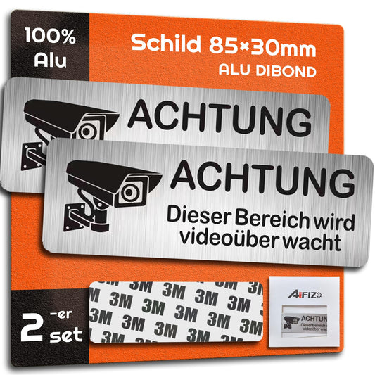 AIFIZO Schild Videoüberwachung 2 Stück 85mm×30mm mit 3M Tape, Gebürsteter Aluminium Achtung Videoüberwachung Schild, Achtung Privatgrundstück, Selbstklebend & Aluminium, Videoüberwachung Schild