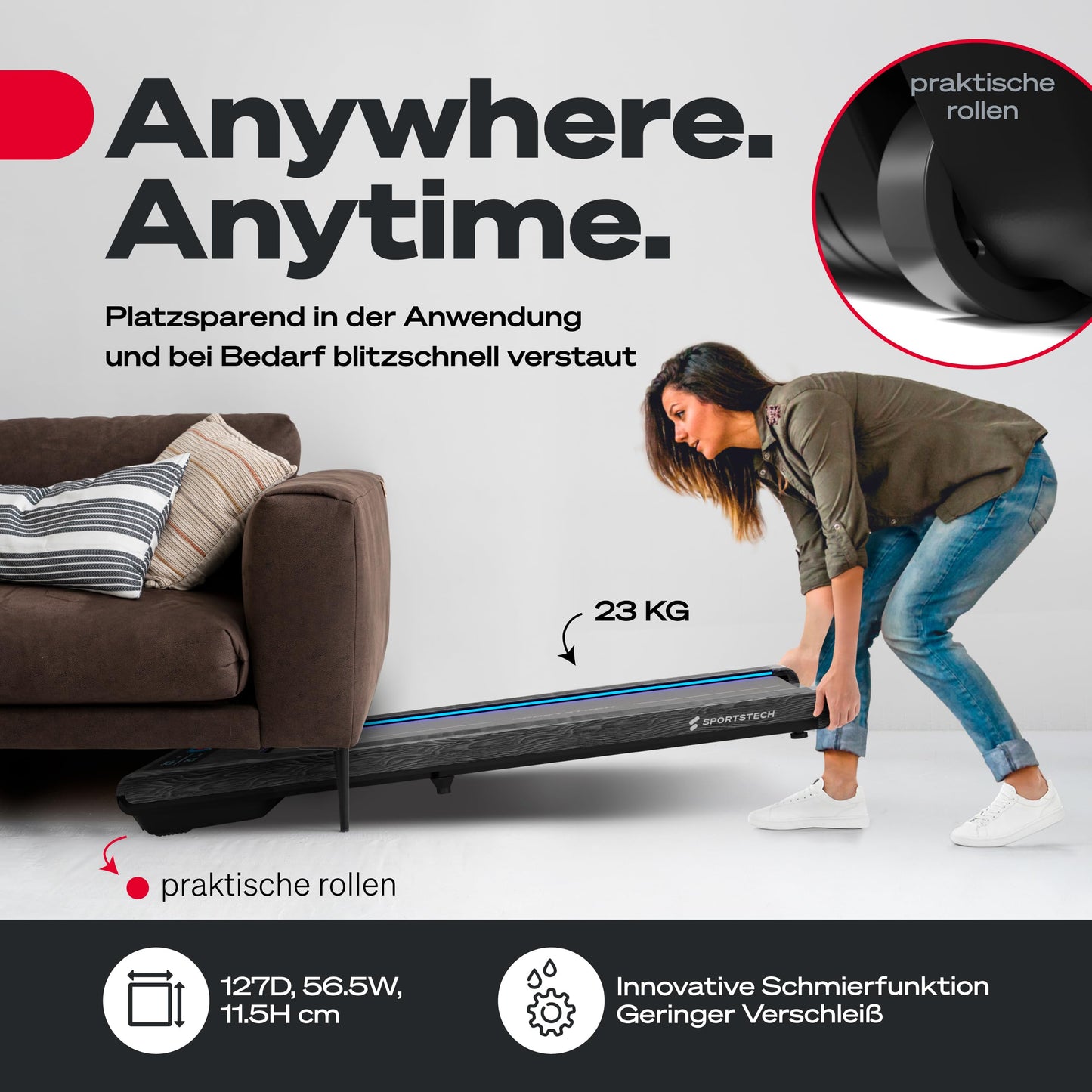 sWalk Walking Pad Laufband mit LED - Deutsche Qualitätsmarke - 1-6 km/h Geschwindigkeit mit interaktivem LCD-Display & App kompatibel - Flexibles Under Desk Schreibtisch Treadmill für Zuhause & Büro