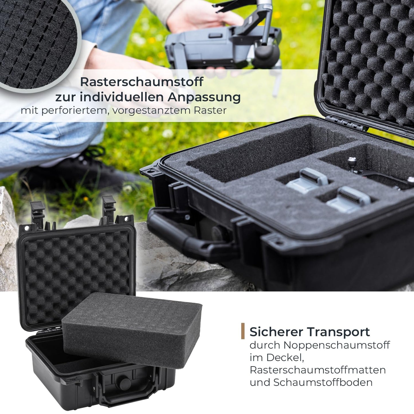 HMF ODK100 Outdoor-Fotokoffer, Transportkoffer mit Rasterschaumstoff | 27 x 24,5 x 13 cm