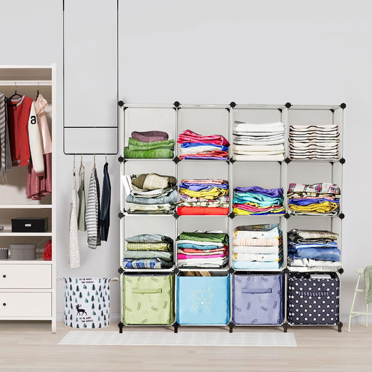 AWTATOS Kleiderschrank mit 16 Würfeln, Storage Shelves, DIY Regal Würfel, PP Steckregal Kunststoff, Kinderregal, Spielzeugregal, Faltschrank, Shelves, Standregal, Weiß ULPZ016
