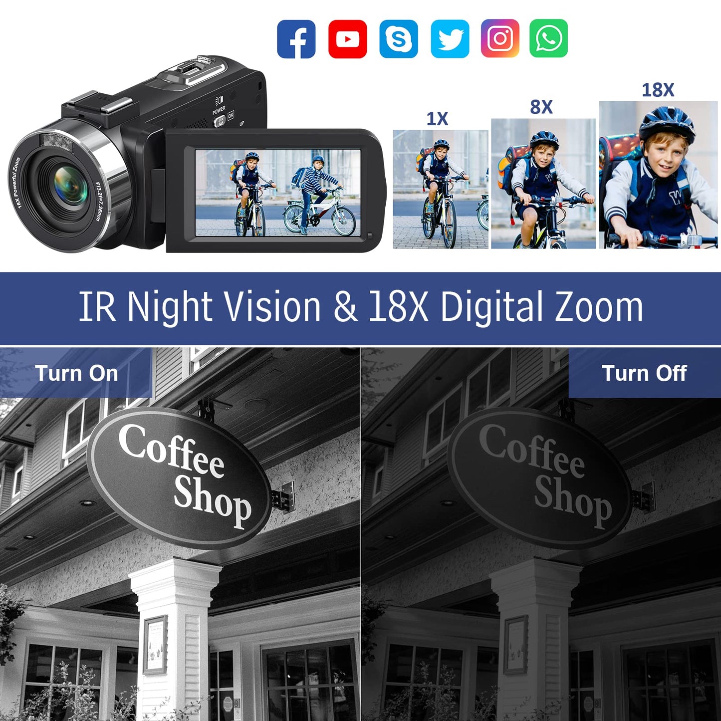 Videokamera 4K Camcorder 48MP mit IR Nachtsicht, 18X Digitalzoom 30 FPS Webcam Video Kamera 3.0-Zoll 270° Rotation Touchscreen Vlogging Kamera für YouTube mit Fernbedienung, 2 Batterien, 32GB SD Karte