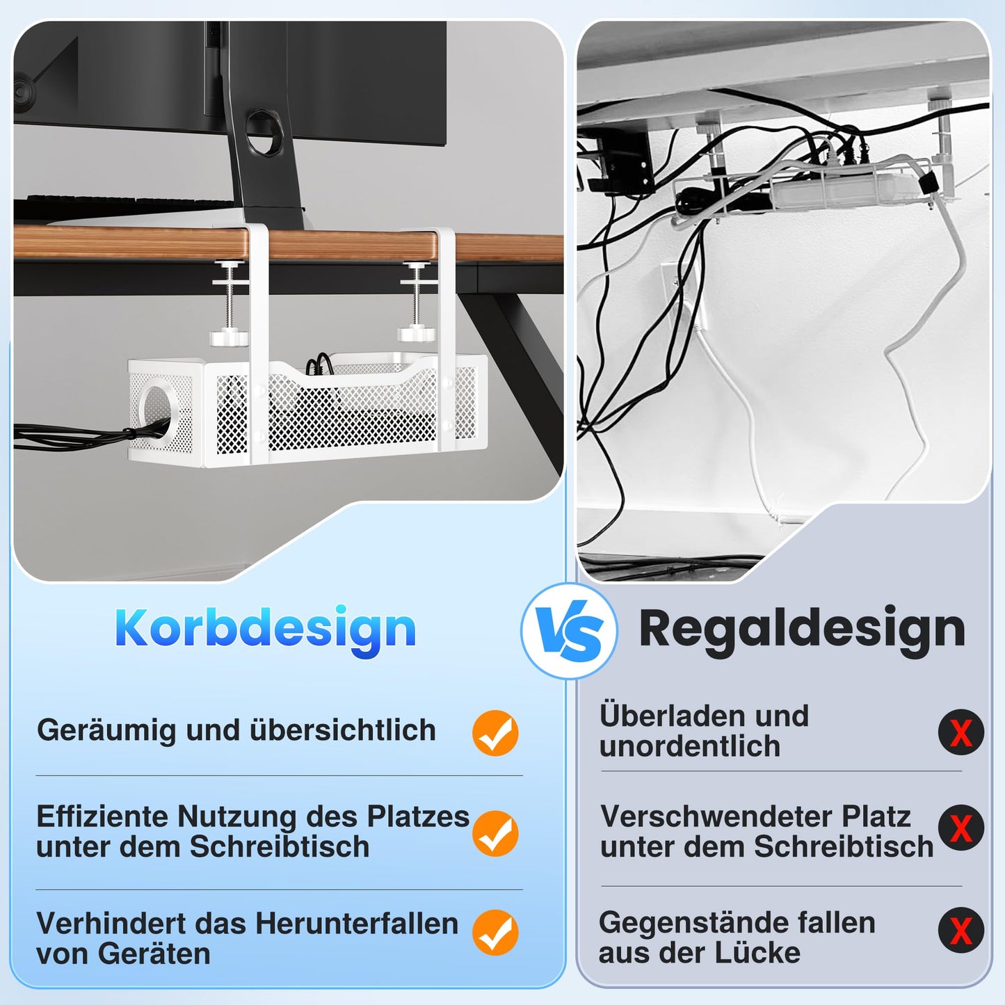 Cinati Kabelmanagement-Ablage unter dem Schreibtisch, Kabelmanagement unter dem Schreibtisch, ohne Bohren, Schreibtisch-Kabelmanagement-Box für Büro, Zuhause – keine Schäden am Schreibtisch