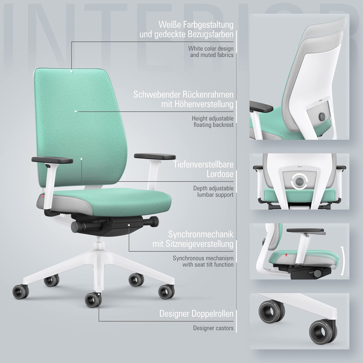 Interstuhl Joyce Interior Edition - ergonomischer Bürostuhl - Schreibtischstuhl mit Synchromechanik - verstellbare Rückenlehne und Lordose - Designer-Rollen (Türkis | Weiß)