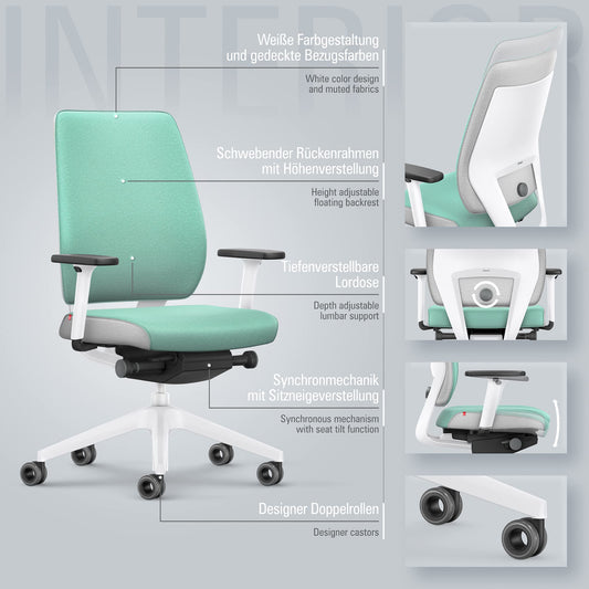 Interstuhl Joyce Interior Edition - ergonomischer Bürostuhl - Schreibtischstuhl mit Synchromechanik - verstellbare Rückenlehne und Lordose - Designer-Rollen (Türkis | Weiß)