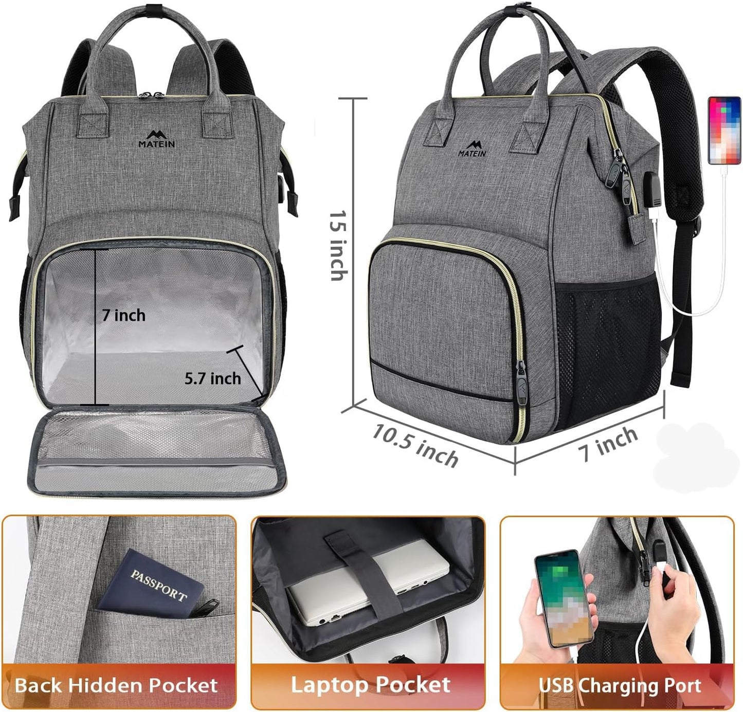 MATEIN Damen Laptop Rucksack 15,6 Zoll mit Isoliertes Kühlfach, Kühlrucksack mit USB Ladeanschluss, Wasserdicht Kühltasche Lunch Tasche für Frauen Herren Arbeit Business, Grau