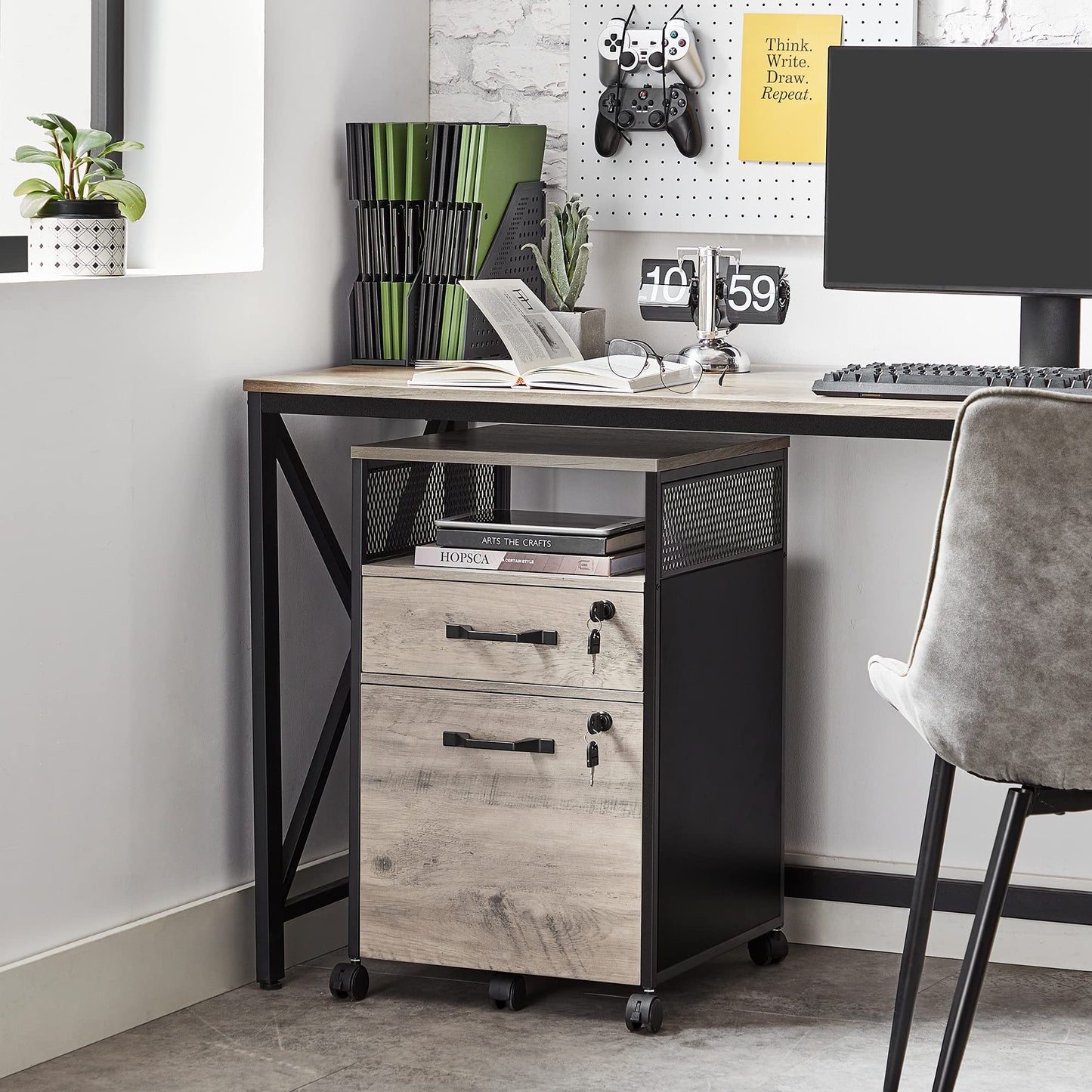 VASAGLE Rollcontainer, Aktenschrank mit 2 Schubladen, mobiler Büroschrank mit Rädern, offenes Fach, Hängeregistratur, Stahlgestell, Industrie-Design, greige meliert-tintenschwarz OFC077B02