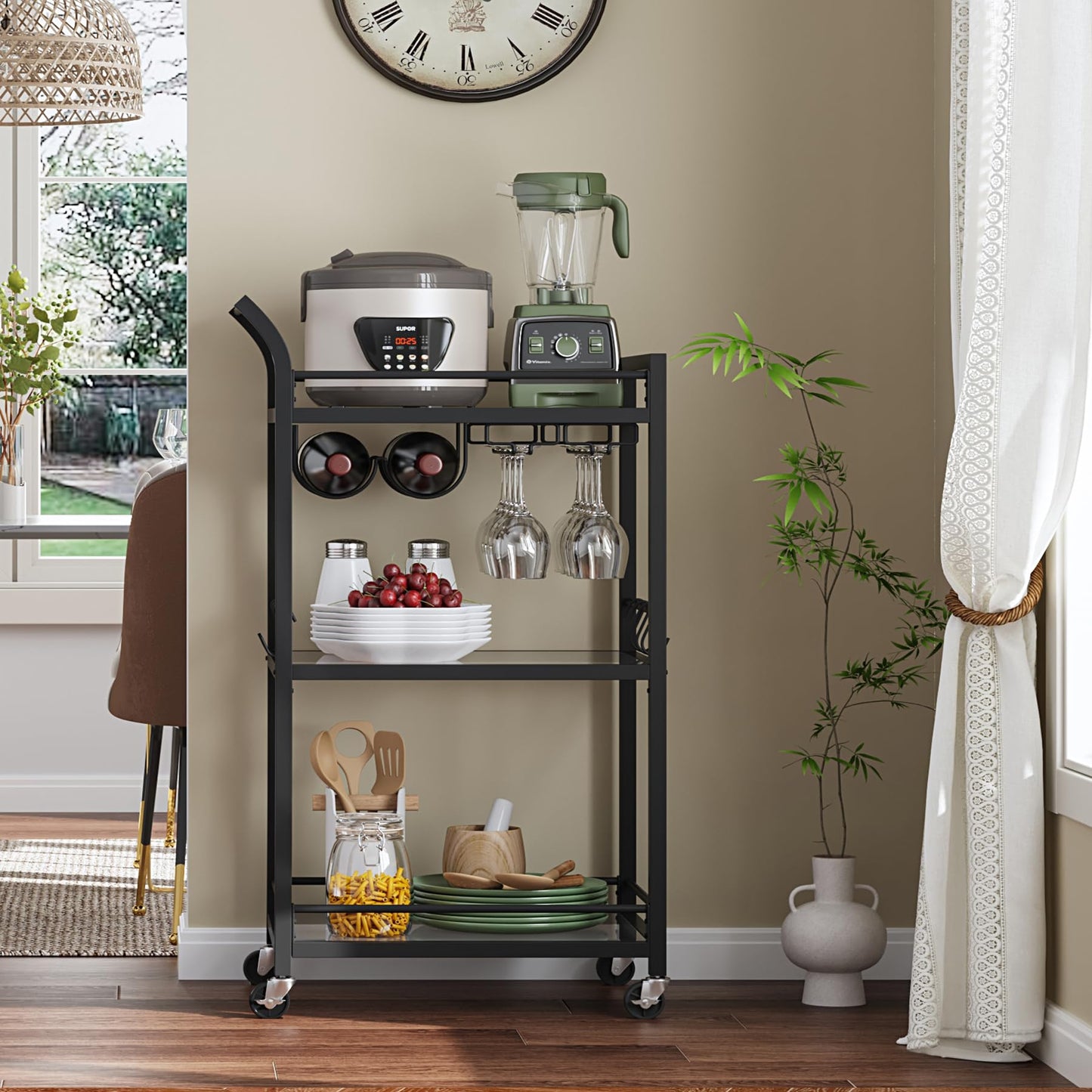 TUTOTAK Barwagen Home Bar Servierwagen Mikrowellenwagen Getränkewagen Mobiles Küchenregal mit 3 Ebenen Spiegelregal Weinhalter Glashalter Rollender Getränkewagen Schwarz BC01BK034