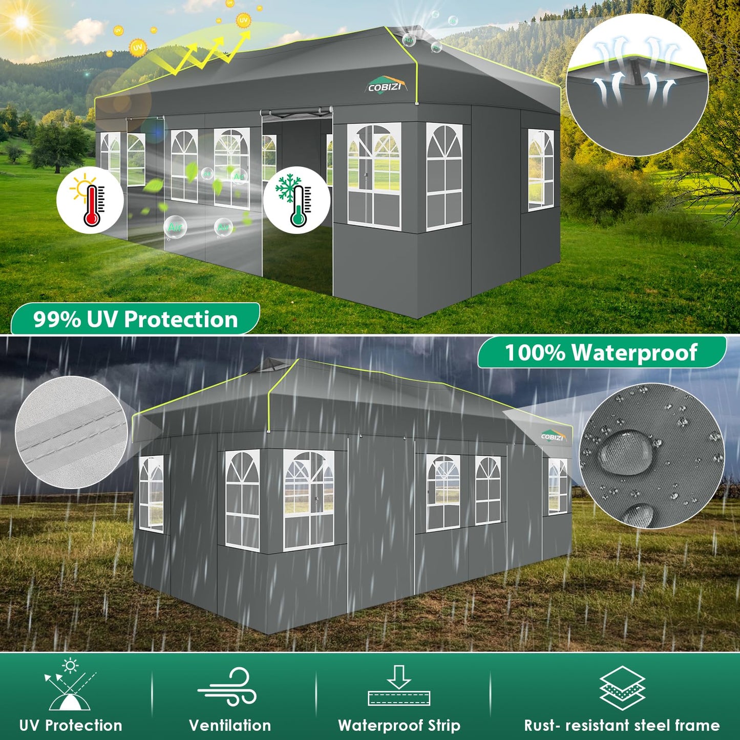 COBIZI Faltpavillon 3x6 Pop up pavillon wasserdicht stabil Winterfest faltbar partyzelt mit 6 Seitenwänden UV-Schutz Gartenpavillon mit Reflexstreifen & Lüftungsöffnung für Hochzeiten, Grau