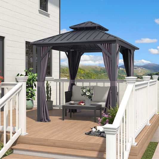 PURPLE LEAF Gartenpavillon 2.4 x 2.4 m Festem Dach, Basisch Pavillon Wasserdicht Stabil Winterfest Stahldach Hardtop Pavillon mit Seitenteilen Alu Pavillon für Grillpavillon, Grau