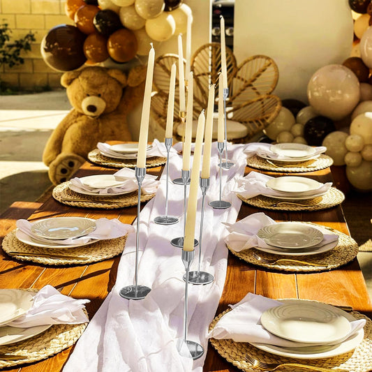 Set mit 12 silbernen Kerzenhaltern für Spitzkerzen, passend für 3/4 Zoll Dicke Spitzkerzen, Kerzenständer aus Metall für Hochzeit, Party, Tischdekoration, Heimdekoration
