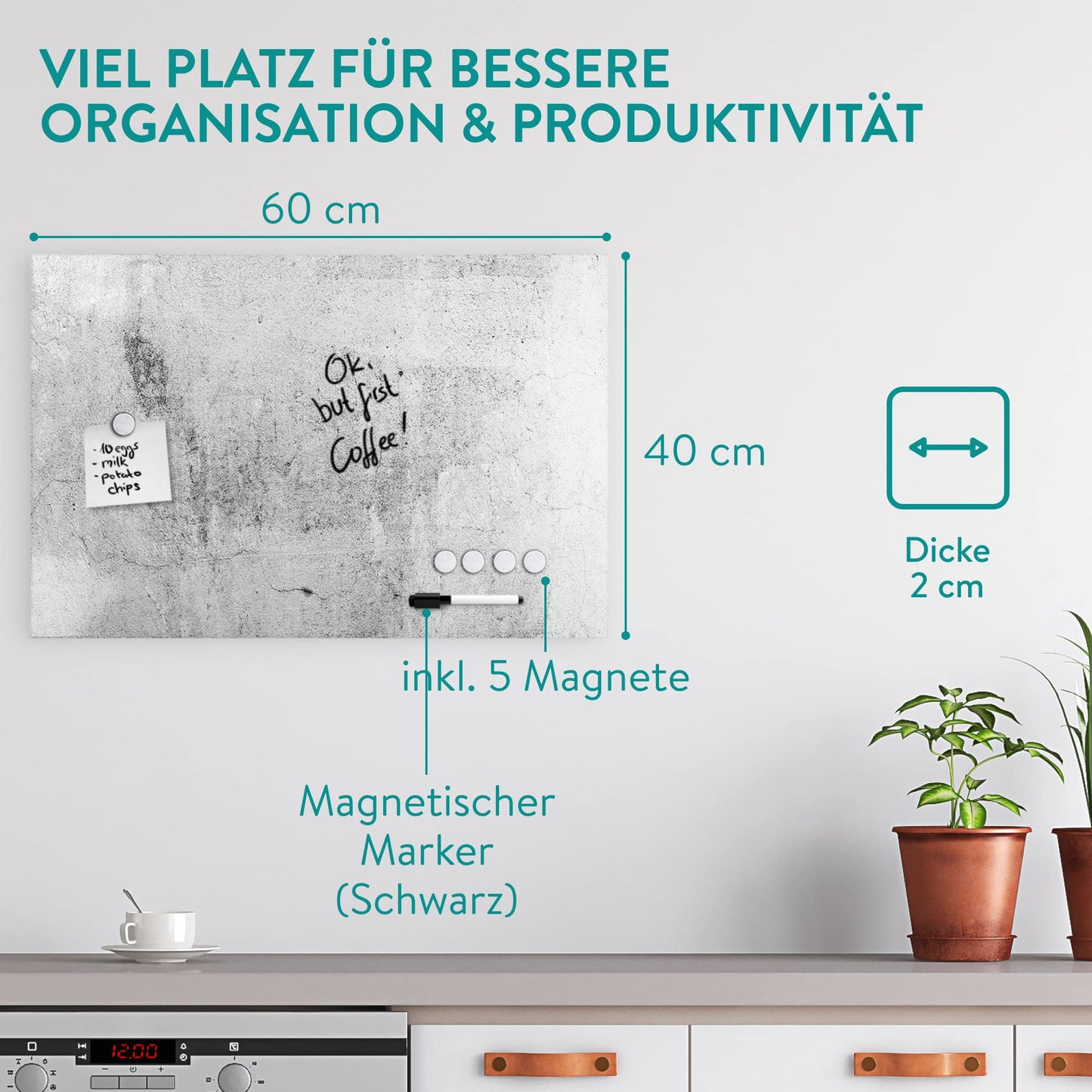 Navaris Magnettafel - 40 x 60 cm Groß - Graues Design Holz Magnet Board für die Wand - Memoboard inklusive Magnet & Schwarzem Marker - Notiz Brett für Küche