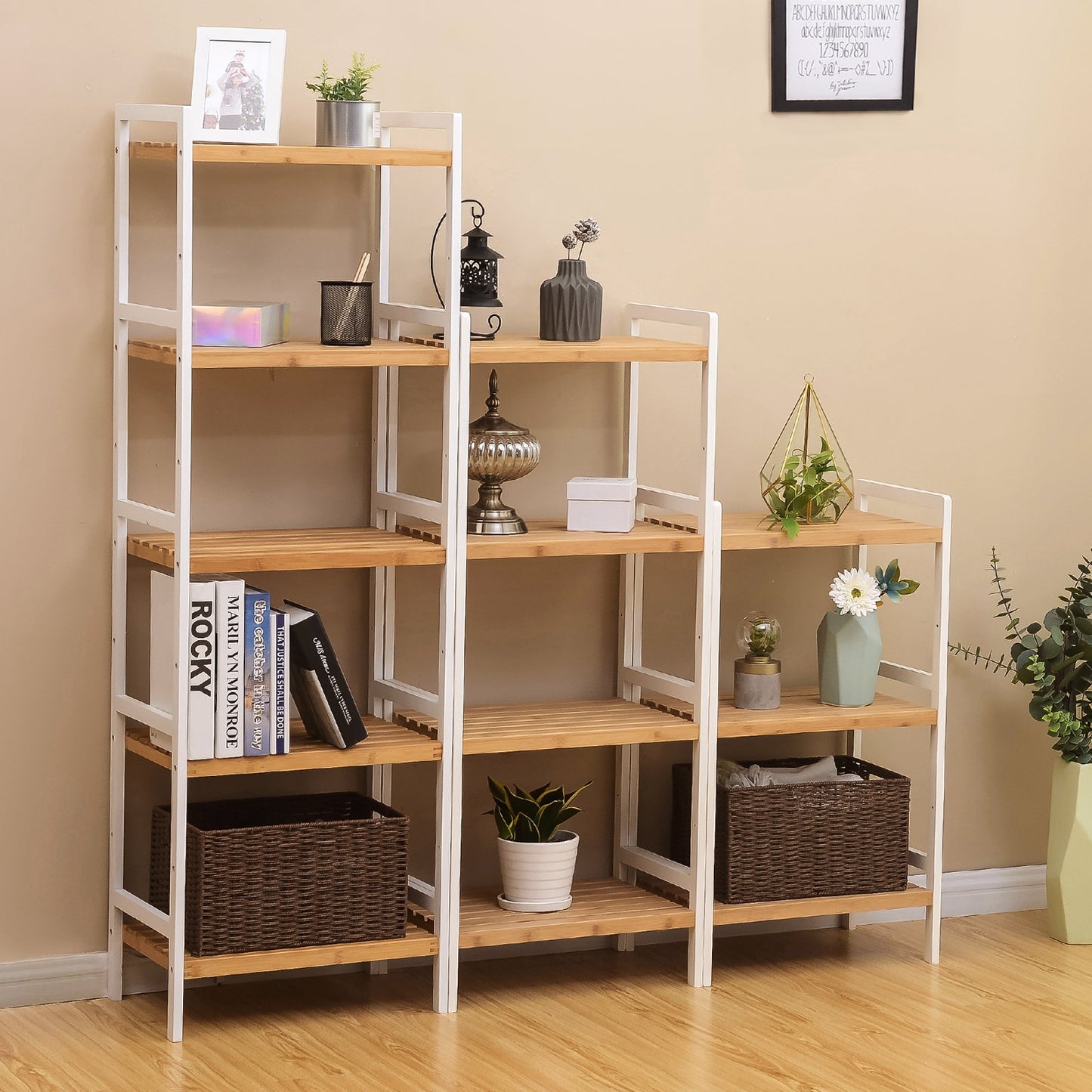 SONGMICS Bambusregal, Küchenregal, Badregal, Bücherregal, Standregal mit 3 Ablagen, 31,5 x 45 x 80 cm, für Bad, Küche, Wohnzimmer, Schlafzimmer, Balkon, naturfarben-weiß BCB73Y
