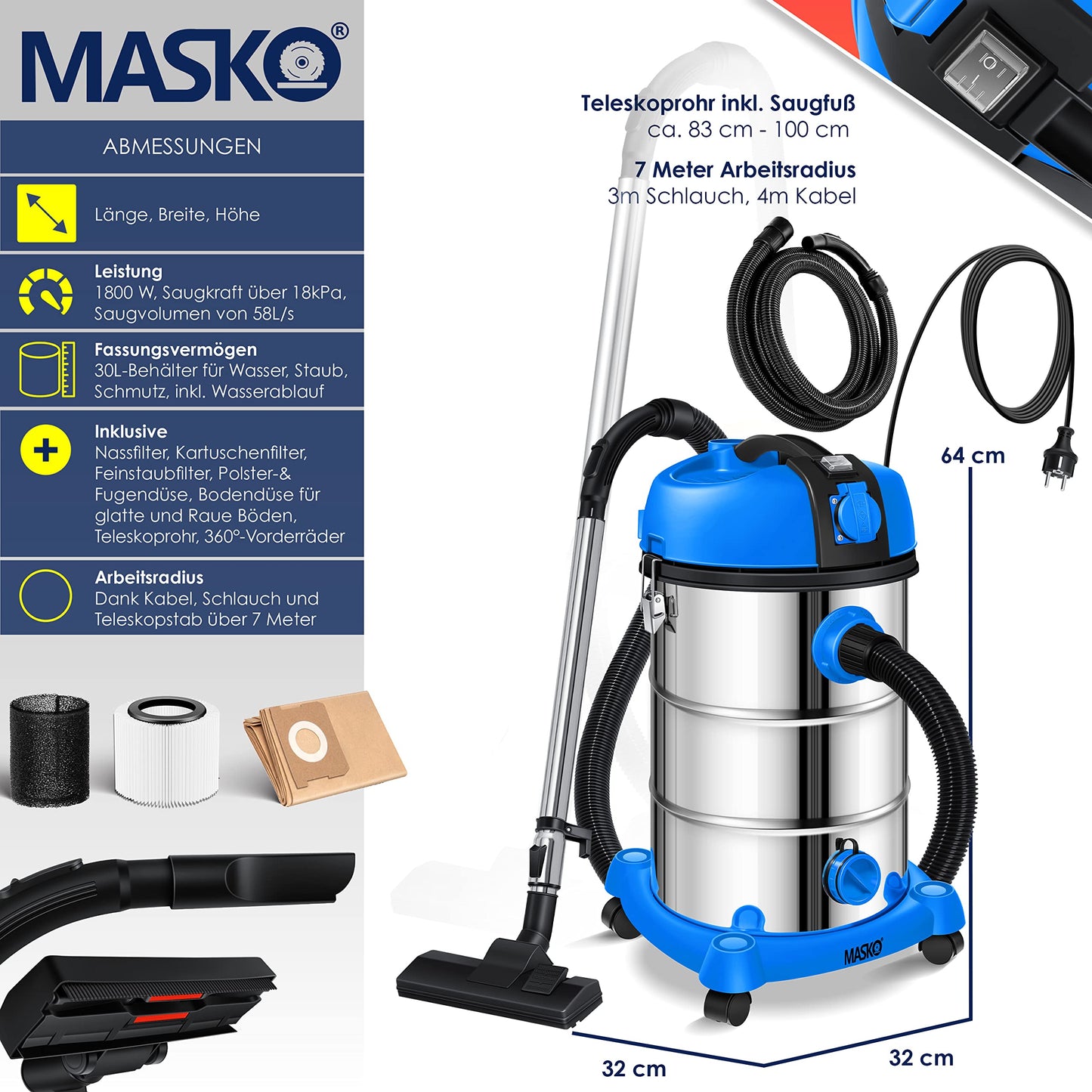 MASKO® Industriestaubsauger Staubsauger Nass Trocken Sauger Edelstahl 2300W + Steckdose | Blasfunktion | Push&Clean | Industrie-Sauger mit & ohne Beutel | beutellos Blau
