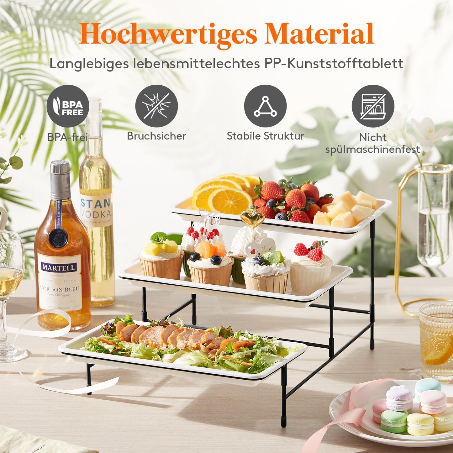 Lifewit 3-stufiges Serviertablett für Partyzubehör, 30x17cm Servierplatte zum Anrichten von Speisen, weiße wiederverwendbare Tabletts mit schwarzer Obstschale für Gemüse, Obst, Kekse, Desserts