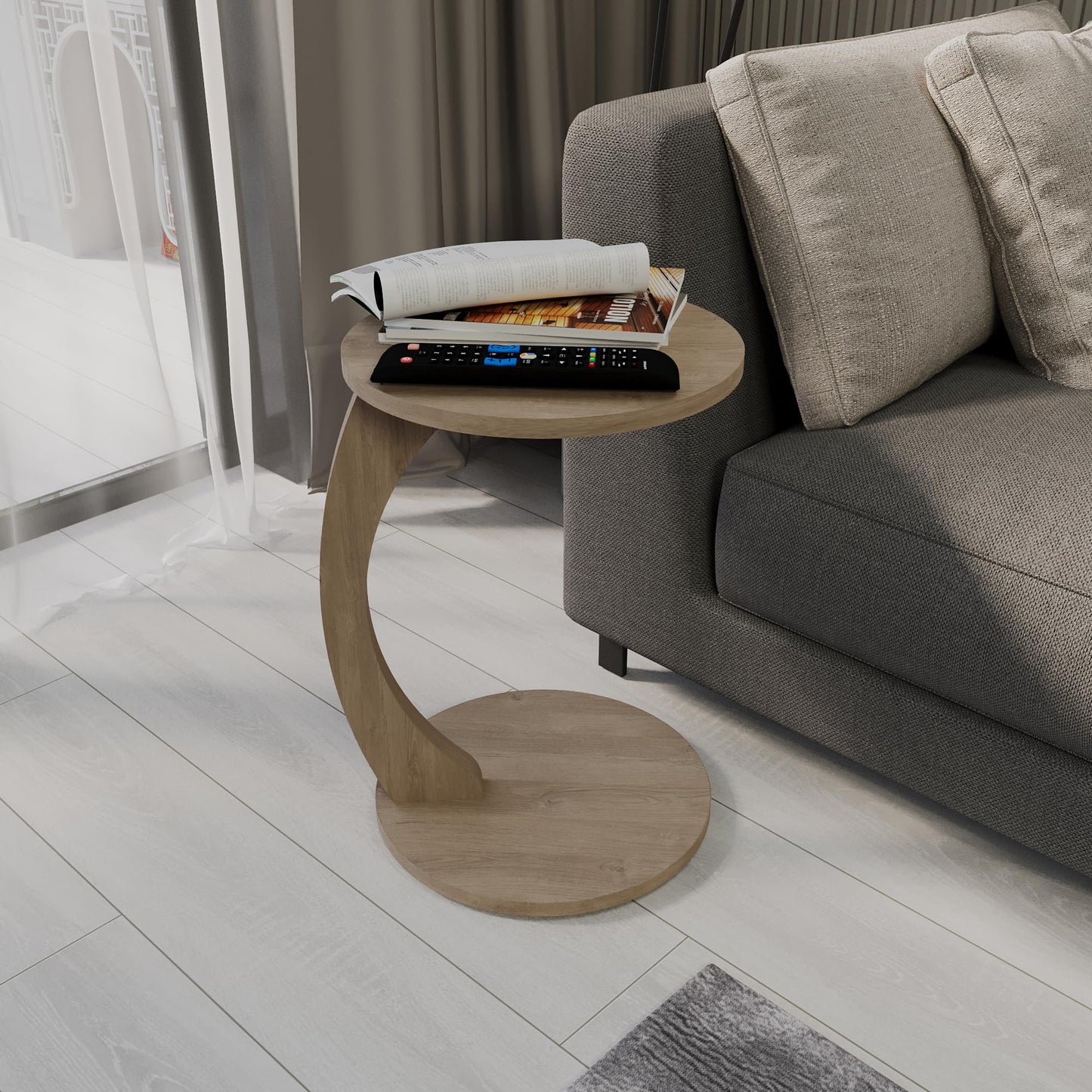 sugodesign Couchtisch mit Rollen, Kleiner Beistelltisch C Form, stylischer Sofatisch in schöner Smoky-Oak-Optik, runder Tisch als Ablagefläche für Couch und Sofa, Beistelltisch Couch