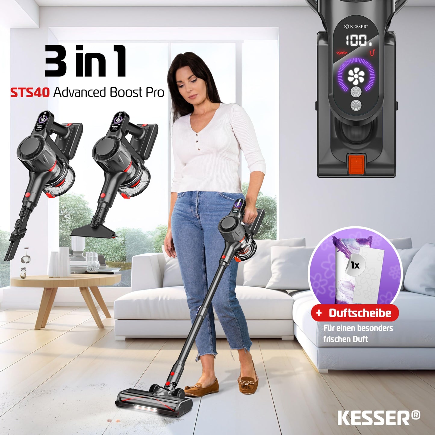 KESSER® Akku-Staubsauger 2in1 | Handstaubsauger ohne Beutel mit HEPA-Filter | Akkusauger bis 45 Min. Laufzeit + Fugendüse & Staubbürste | LED-Licht XL Staubbehälter für Hartböden Teppich Tierhaare