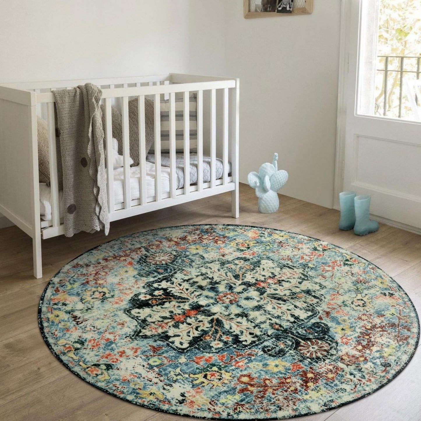 Lahome Runder Teppich mit böhmischen Blumen-Medaillon-Motiven, 122 cm, runder Teppich, weich, Badezimmermatte, türkisisch, rutschfest, maschinenwaschbar, für den Innenbereich, Küche, Couchtisch